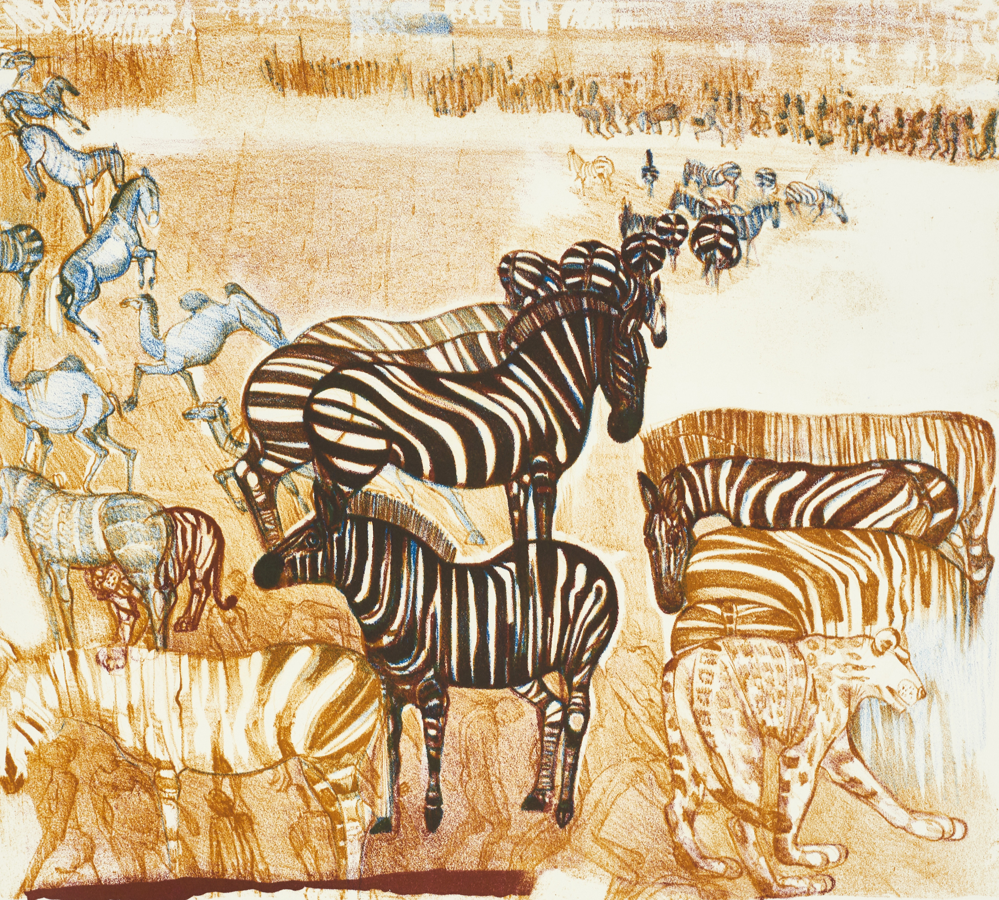 CECILIA FRISENDAHL (1922-2014). Zebror vid vattendrag, signerad och daterad -92, numrerad 54/330, färglitografi.