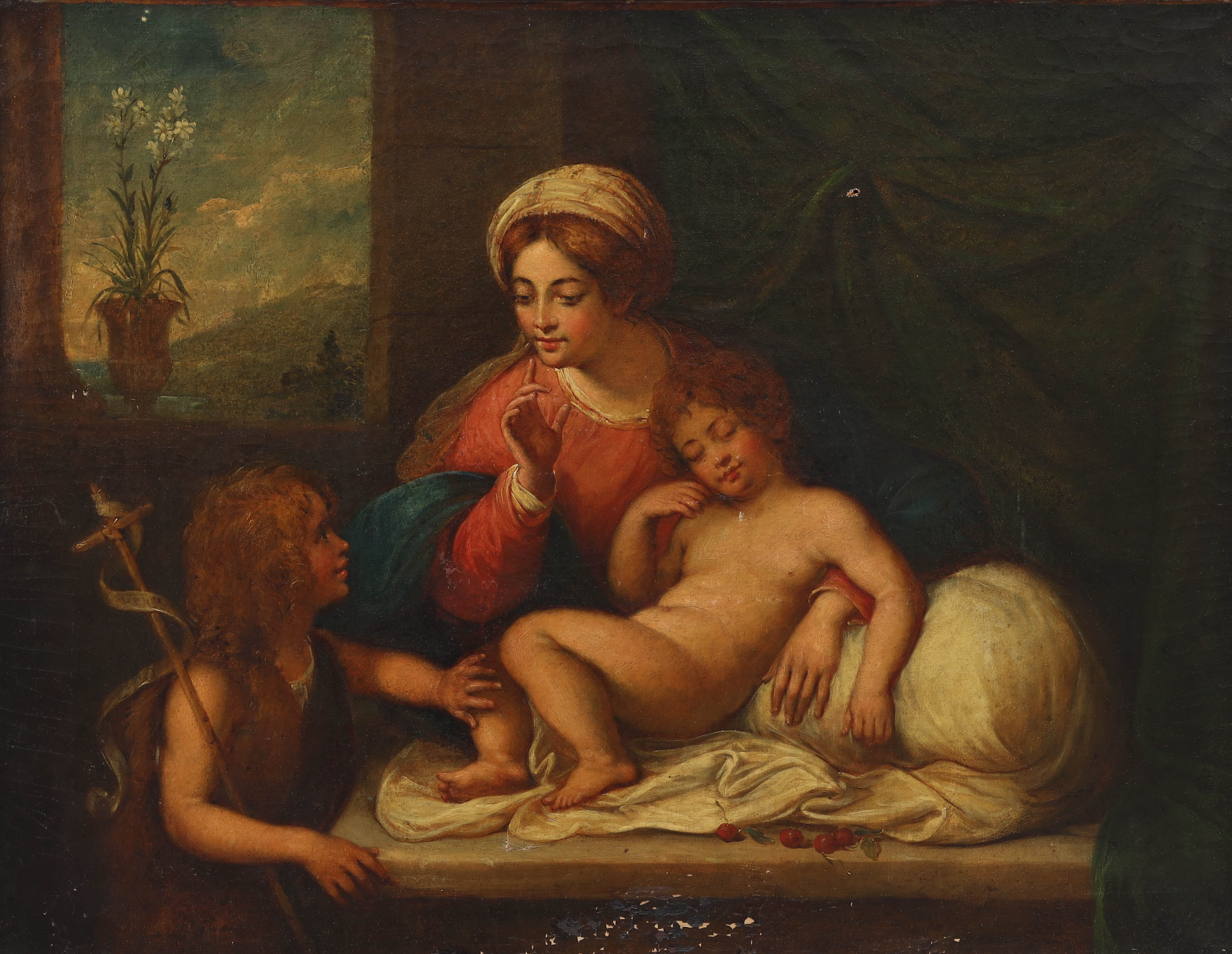 OKÄND KONSTNÄR. olja på duk, efter renässansmålning, "Holy Family Sleeping Figure", 17/1800-tal.