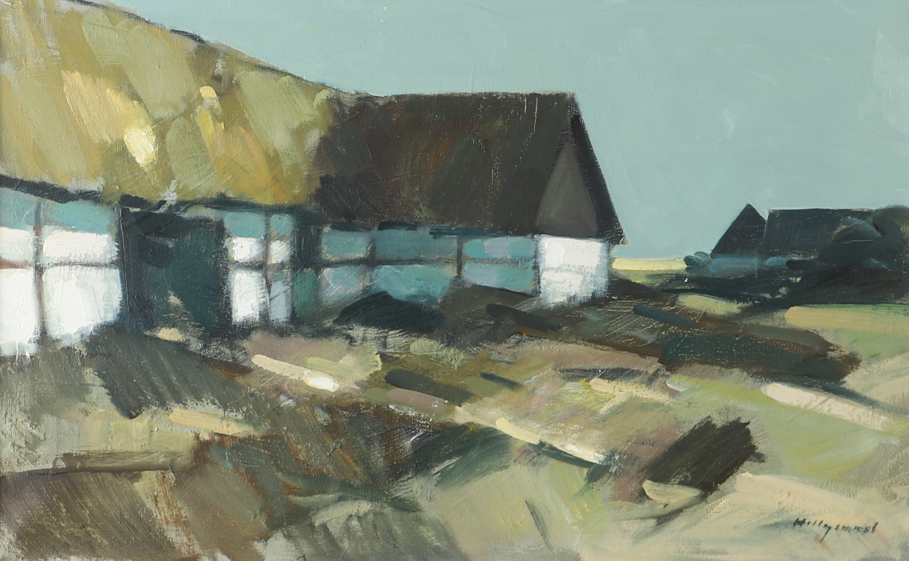 BENGT HILLGRUND. Korsvirkesgård, olja på duk, signerad Hillgrund.