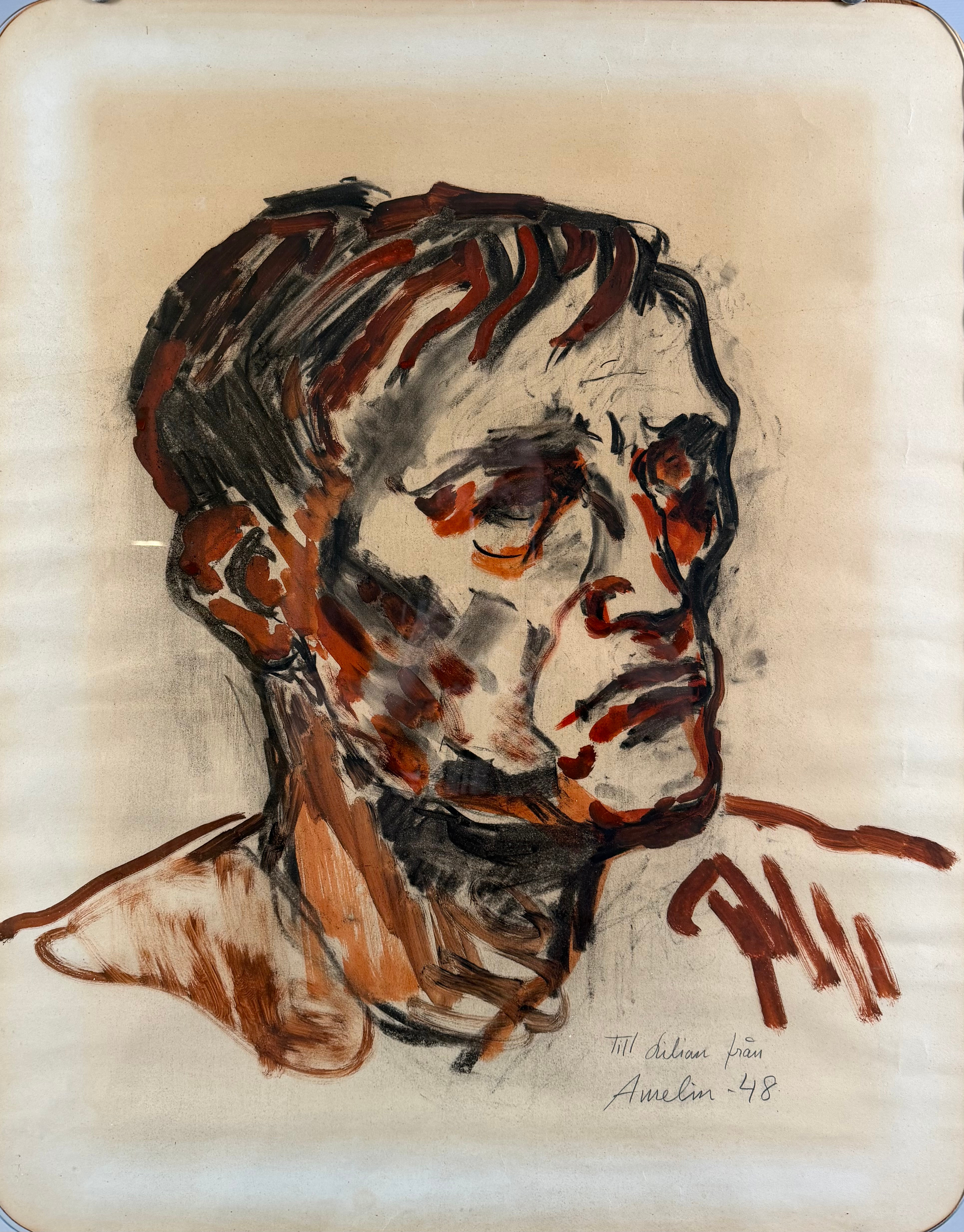 ALBIN AMELIN. Mansporträtt, blandteknik på papper, signerad och daterad Amelin -48.