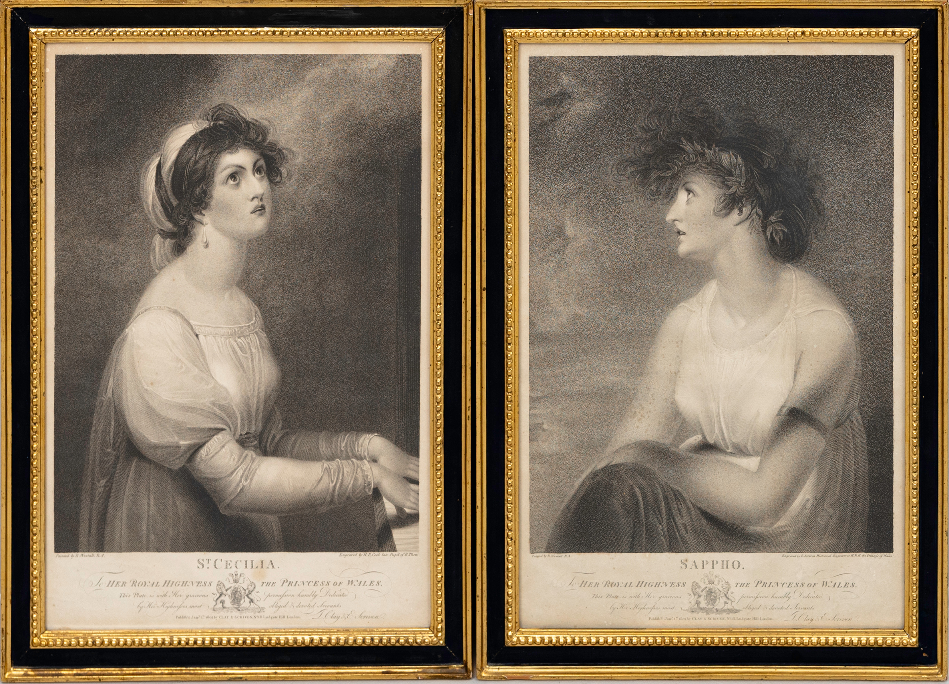 RICHARD WESTALL (1765-1836). 2 st, porträtt efter, "Sappho" och "St Cecilia" etsningar, 1802.