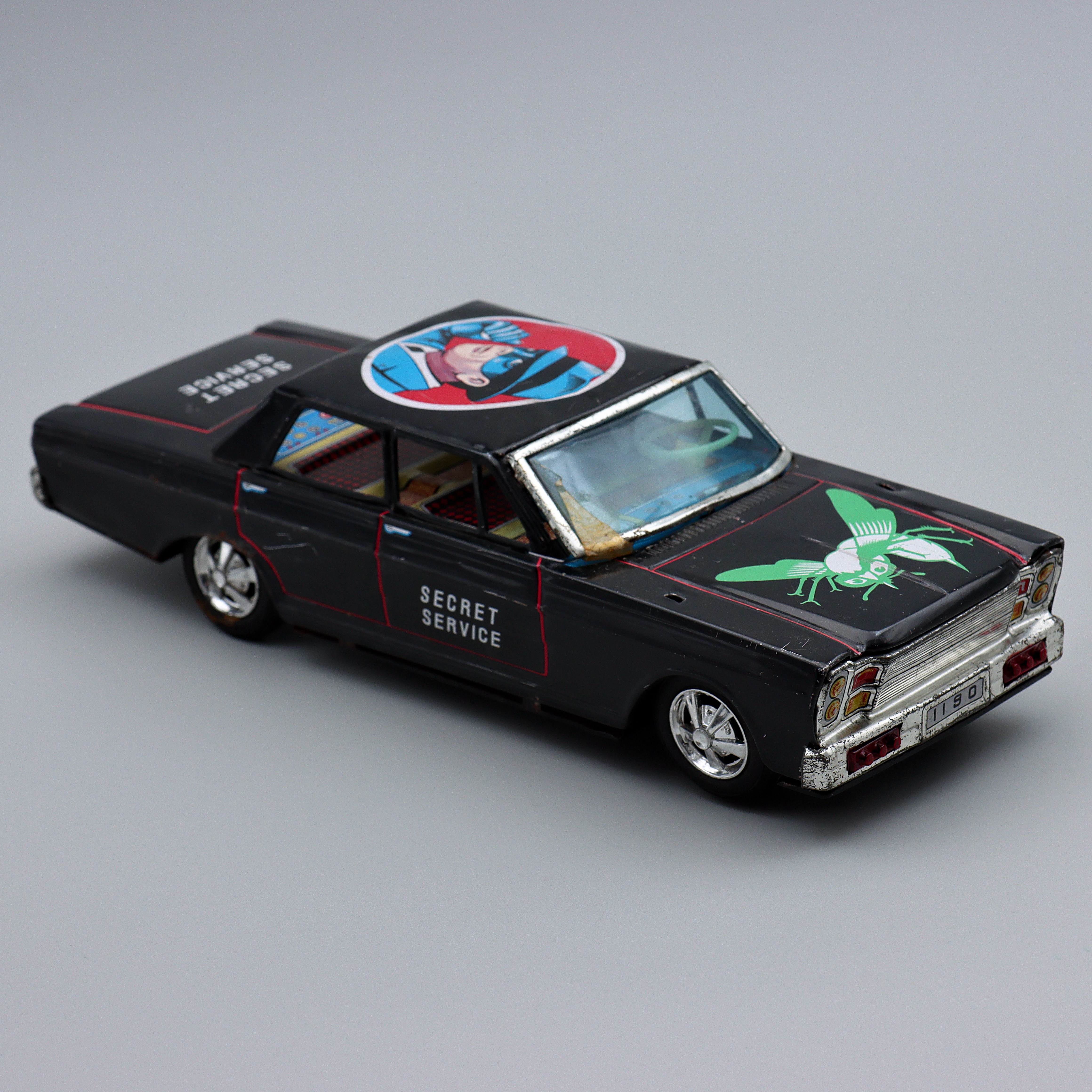 AOSHIN, BATTERIDRIVEN LEKSAKSBIL I PLÅT "THE GREEN HORNET", GREEN HORNET SECRET SERVICE FORD GALAXIE 500 XL, 1965 JAPAN.