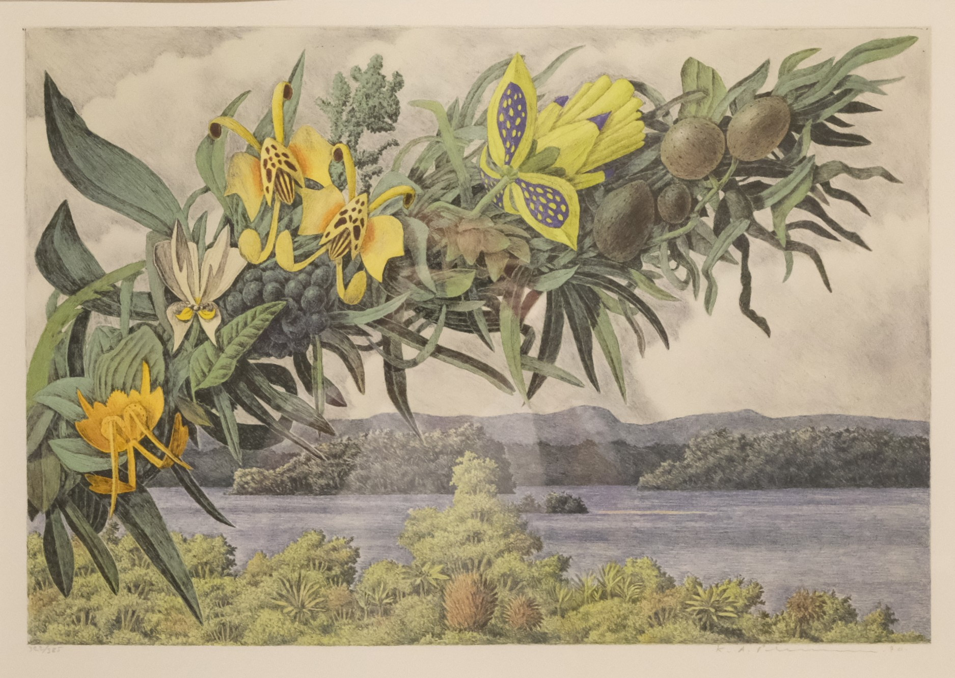 KARL AXEL PEHRSON. KOMPOSITION MED KUST OCH VÄXTER, FÄRGLITOGRAFI.