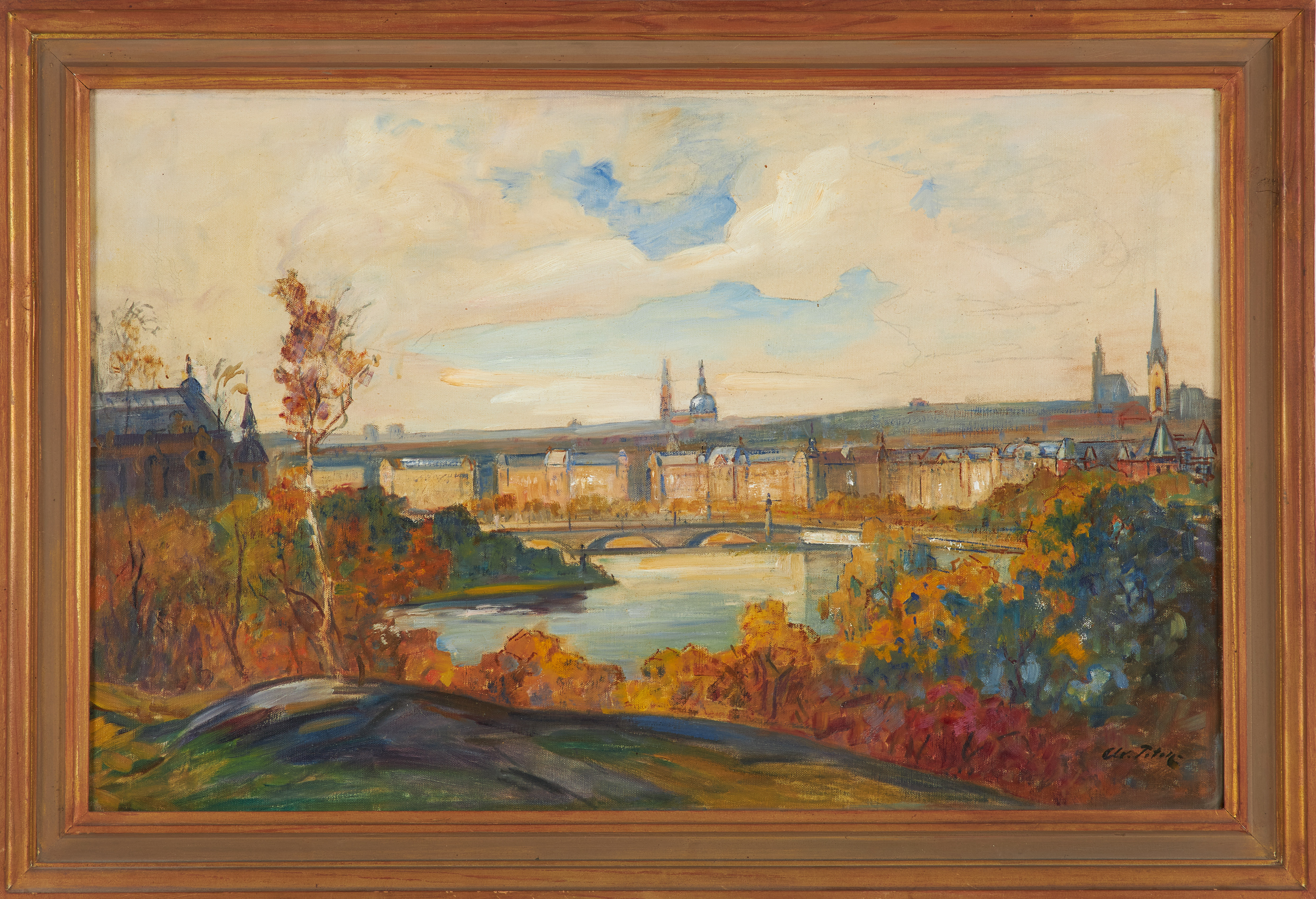 AXEL PETER. Vy mot Strandvägen, Stockholm. olja på duk, signerad.
