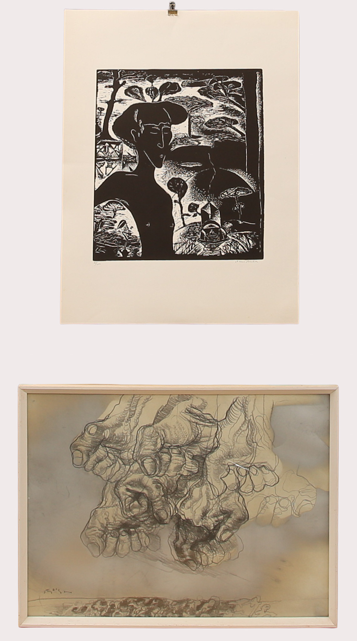 CHANNA BANKIER (1947-). och STIG OLSON (1936-2016). 2 delar. Komposition med kvinna, litografi, numrerad 61/100 signerad. Blandteknik Knutna nävar.