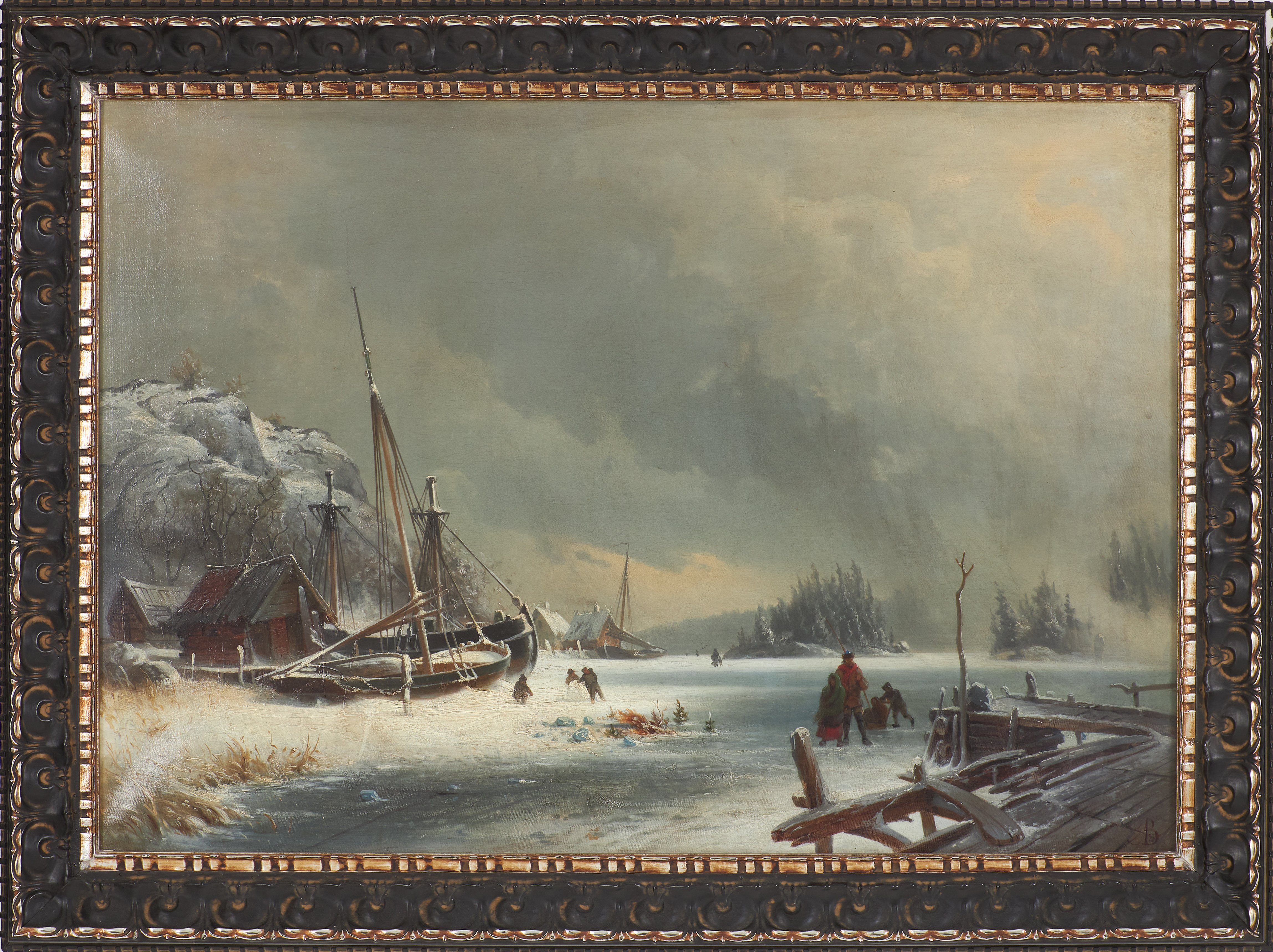 ALBERT BERG. Kustbild i vinterskrud, olja på duk, monogramsignerad.