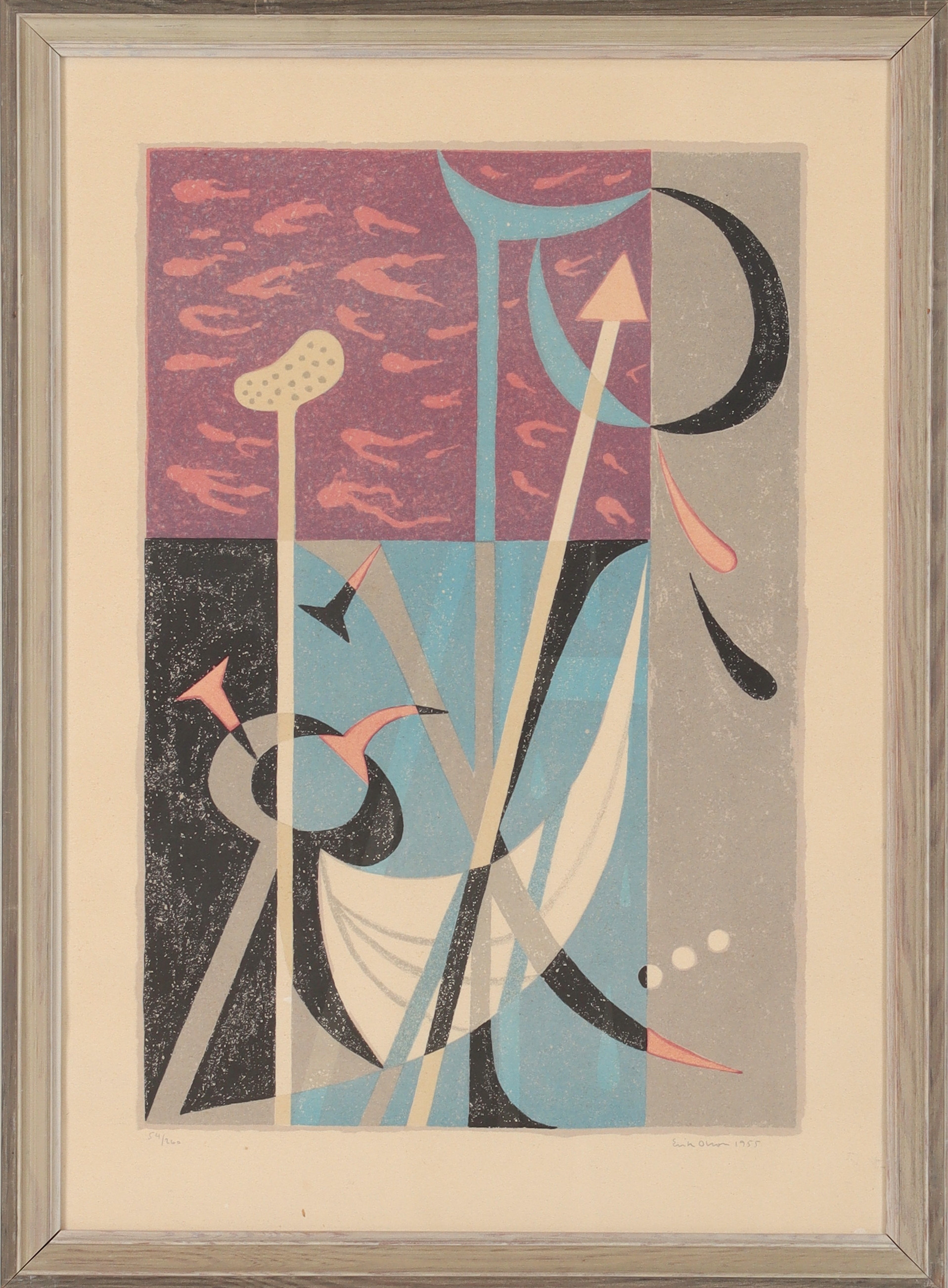 ERIK OLSON. Komposition. litografi, signerad och numrerad 54/260, daterad 1955.
