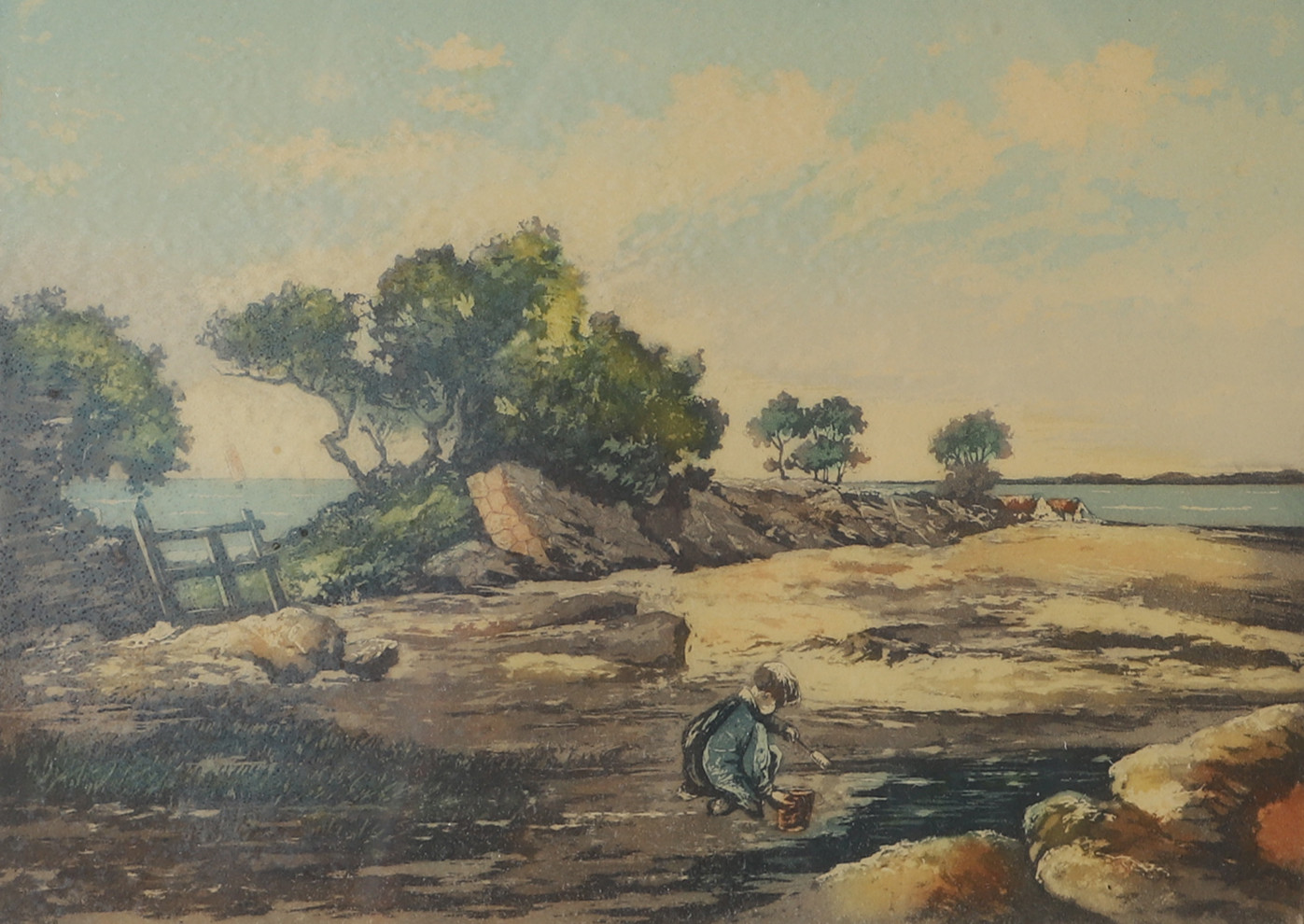 OIDENTIFIERAD KONSTNÄR. Barnlek på stranden, färglitografi, otydligt signerad.