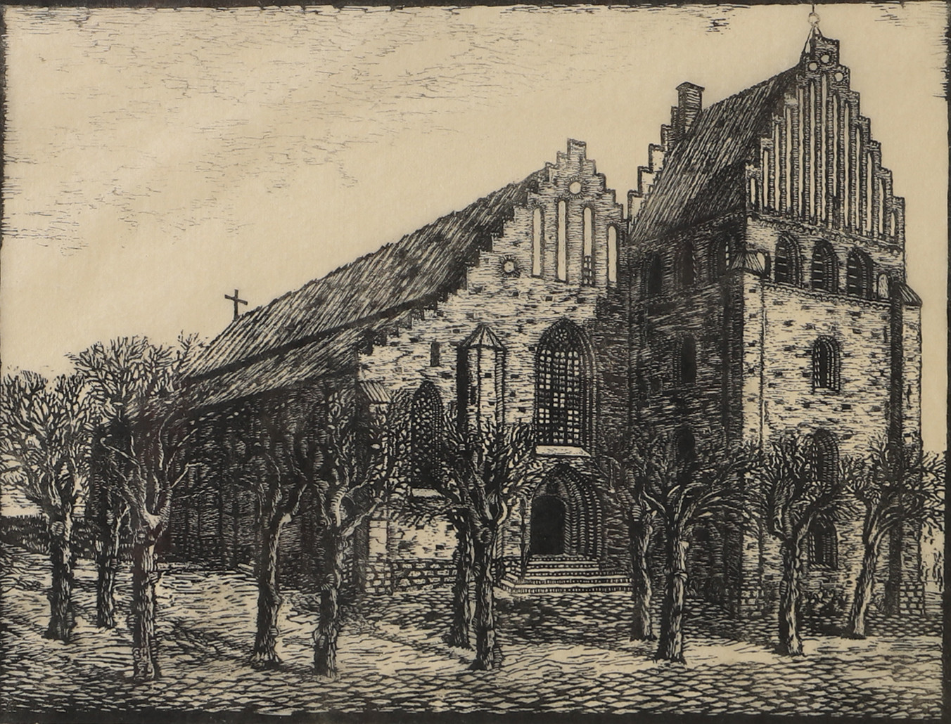 ZANDER JACOBSSON. "S:ta Maria, Helsingborg", träsnitt, signerad.