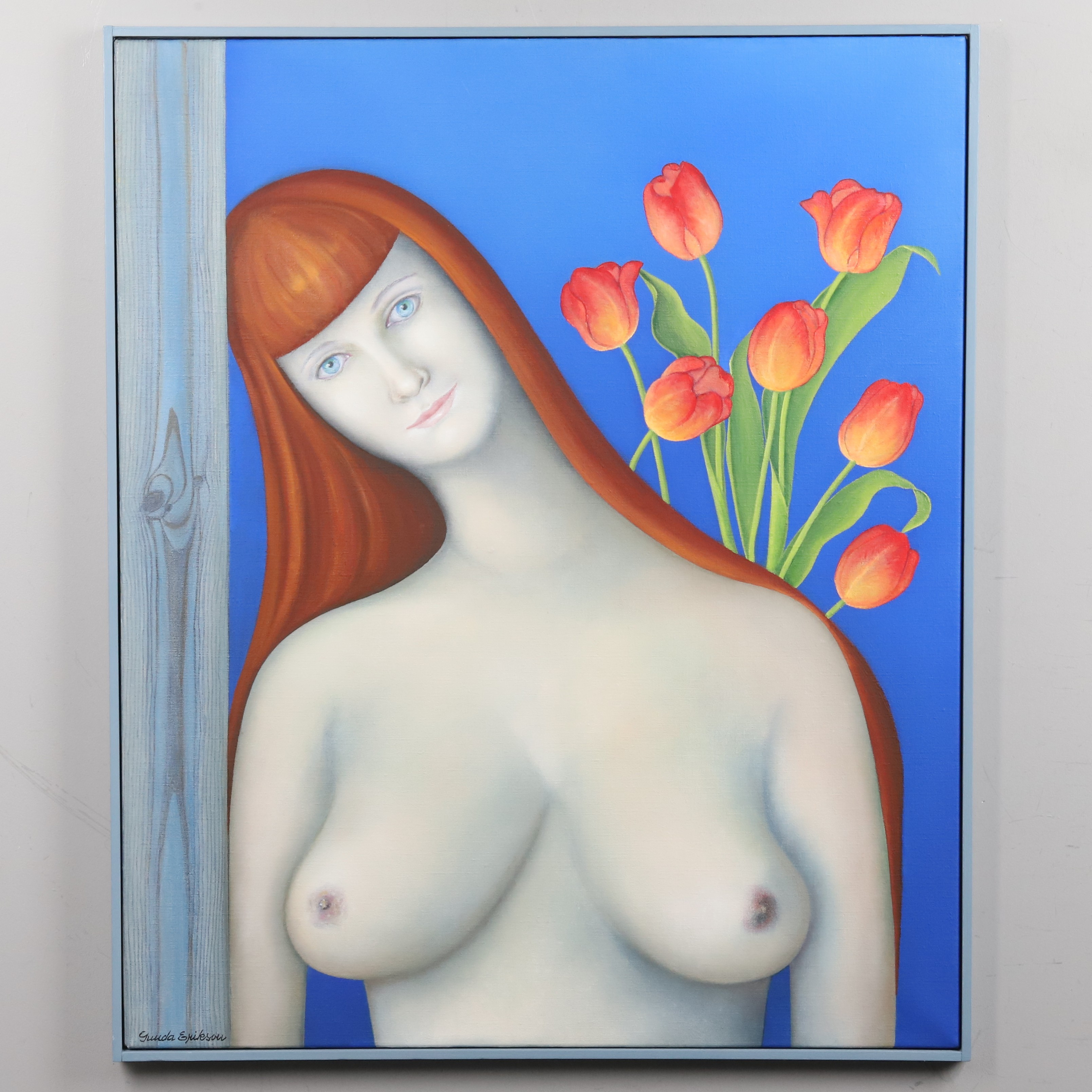 GUNDA ERIKSON. OLJA PÅ DUK, "Flicka med tulpaner", signerad.