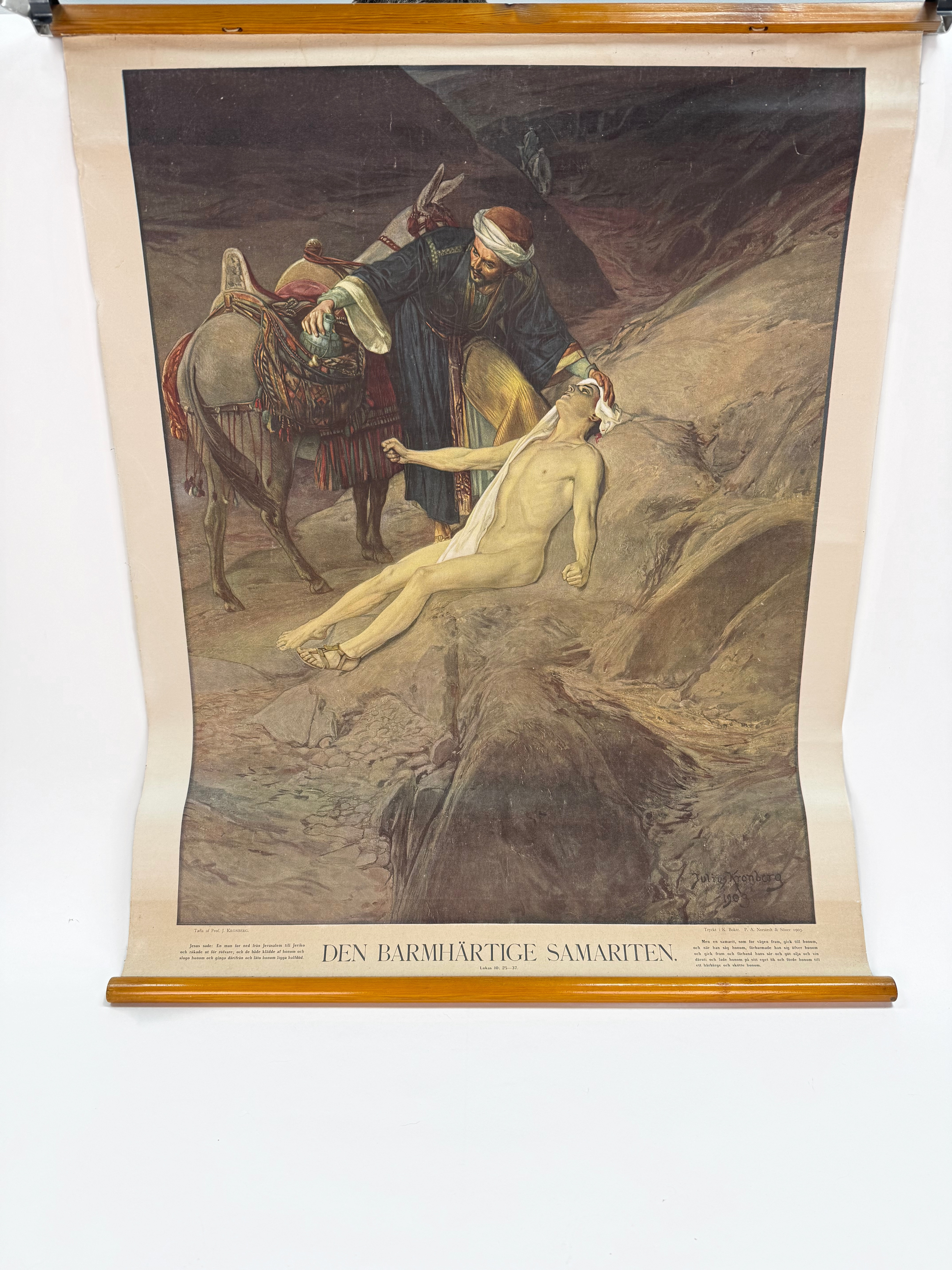 JULIUS KRONBERG. SKOLPLANSCH- Den Barmhärtiga Samariten 1903, rullbar.