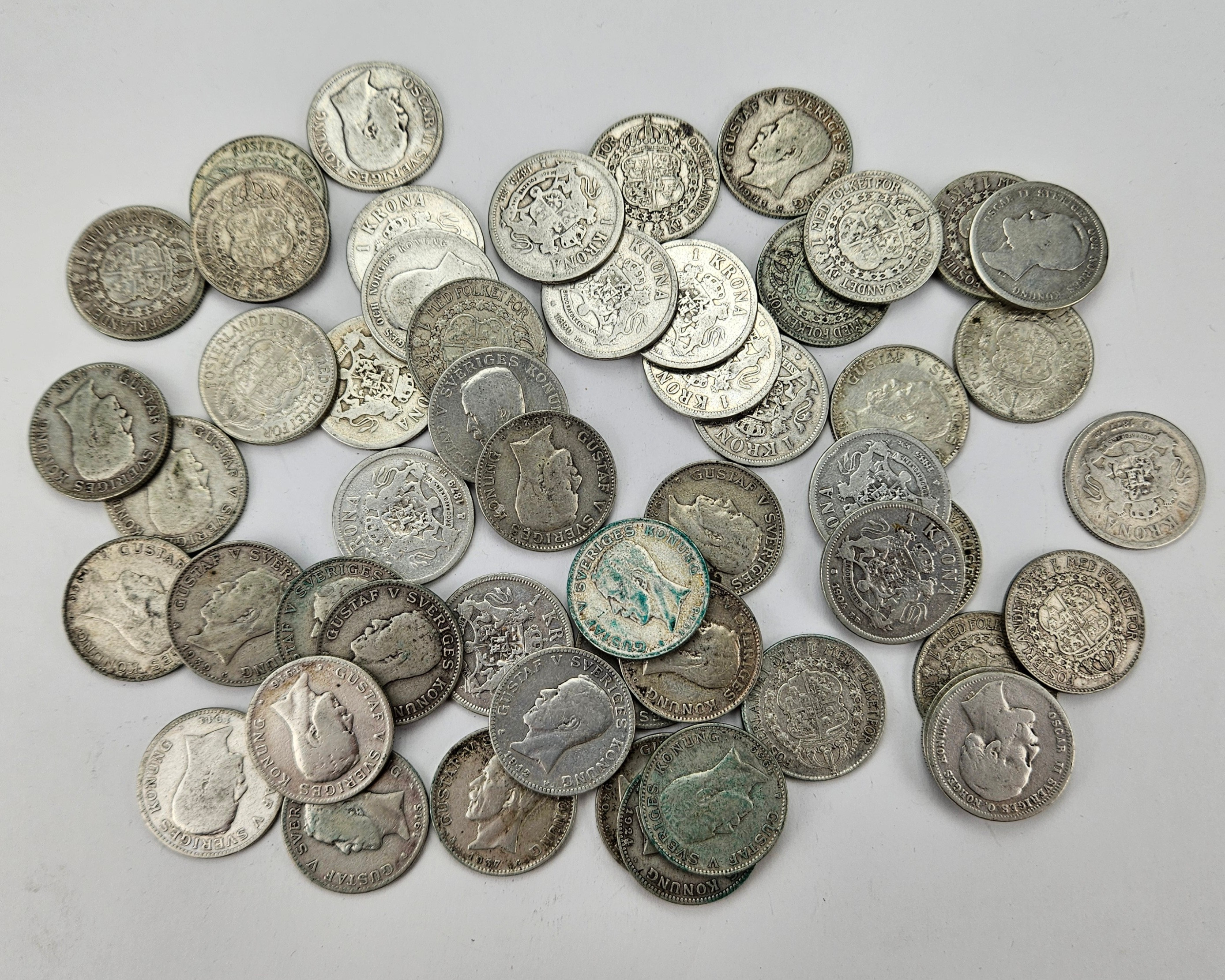 MYNT, 55 st, silver, 1 kronor, Oscar II och Gustaf V, Sverige, 1800-1900-tal.