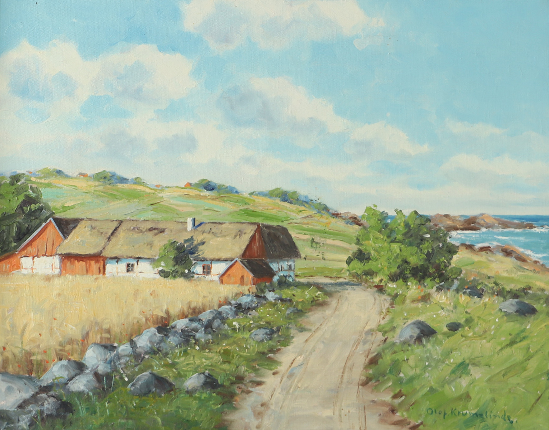 OLOF KRUMLINDE. Gårdsmotiv, olja på duk, signerad.