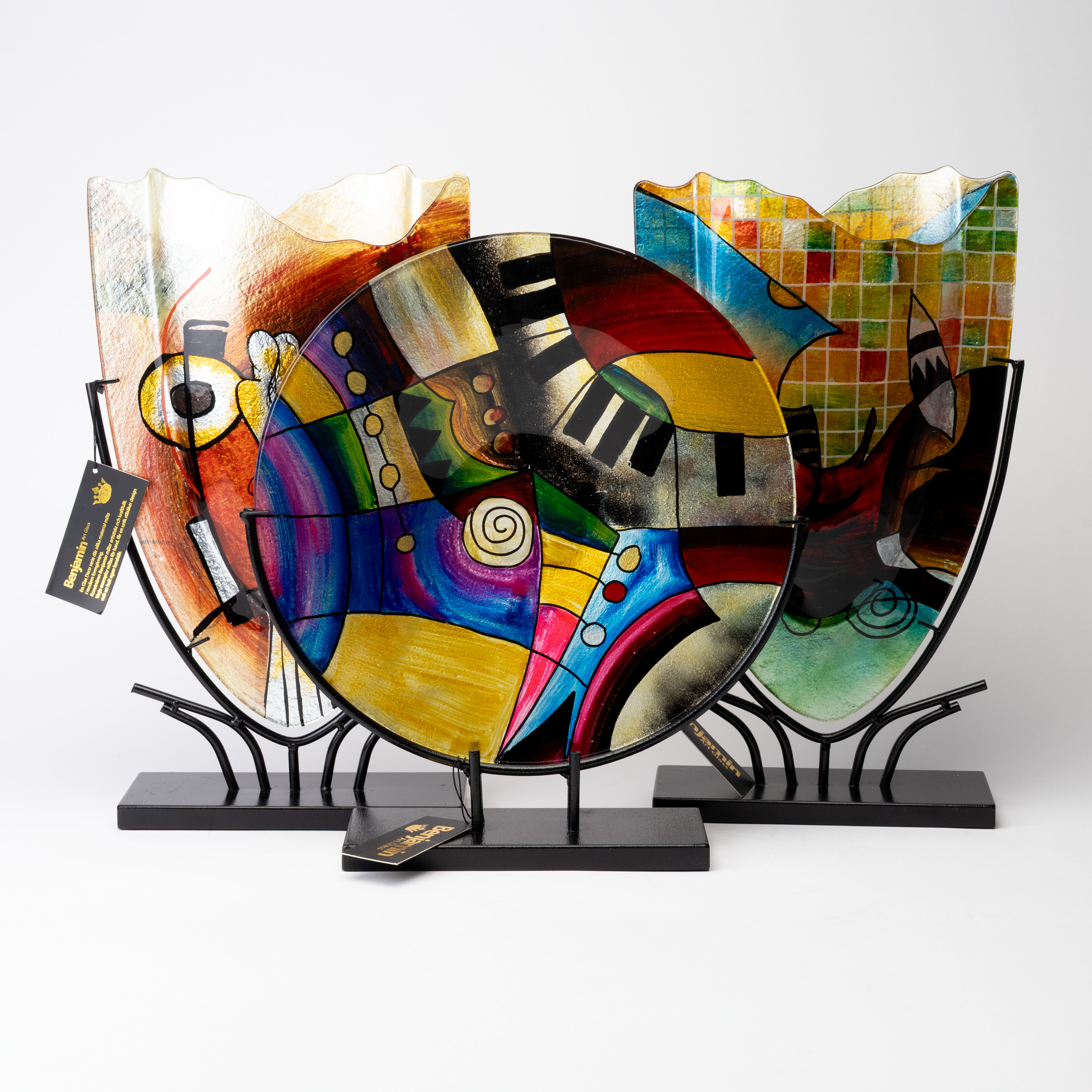 SKULPTURER, 3 st, glas, etikettmärkta, Benjamin Art Glass, samtida.