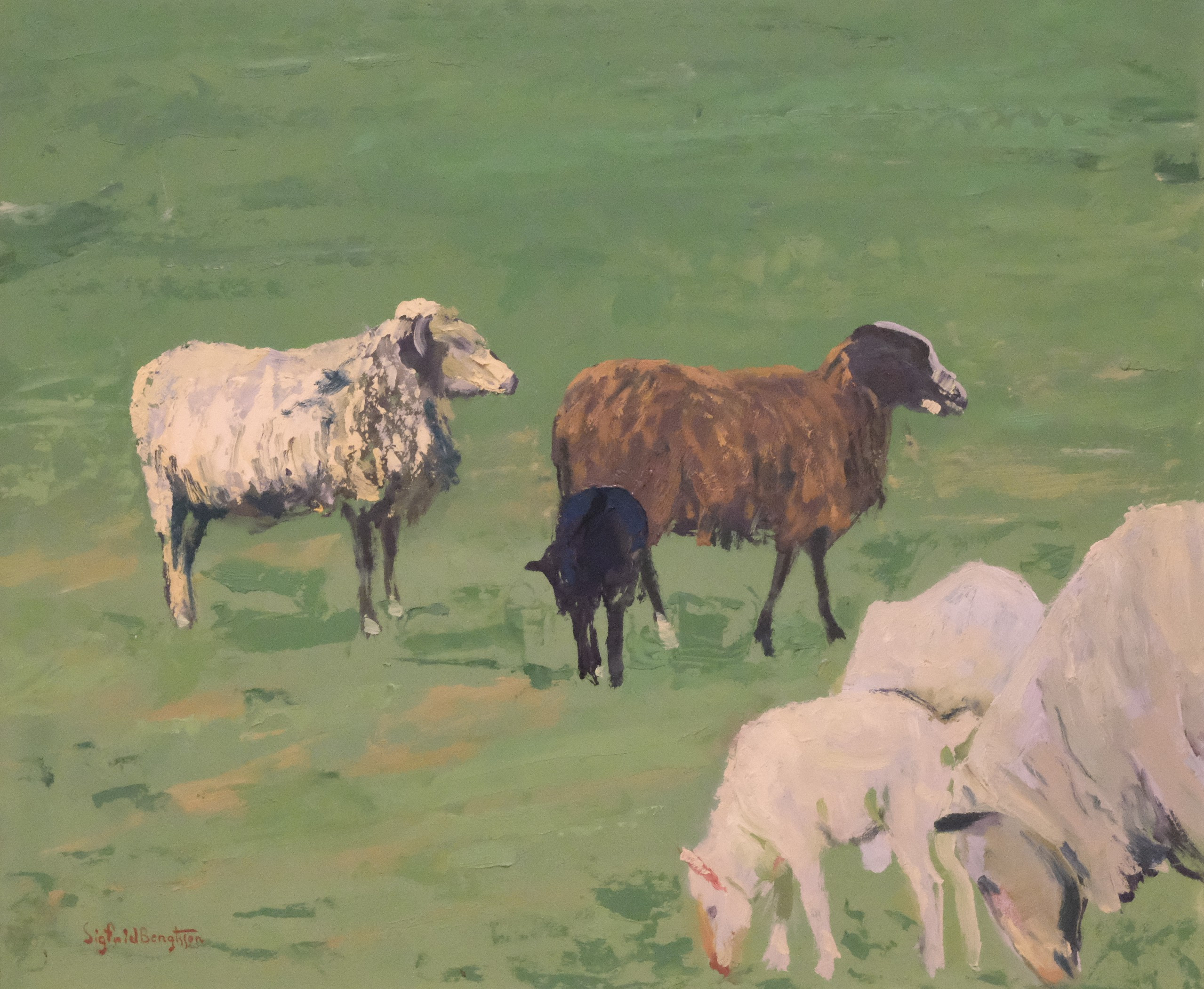 SIGFRID BENGTSSON. BETANDE FÅR OCH LAMM, OLJA PÅ PANNÅ.