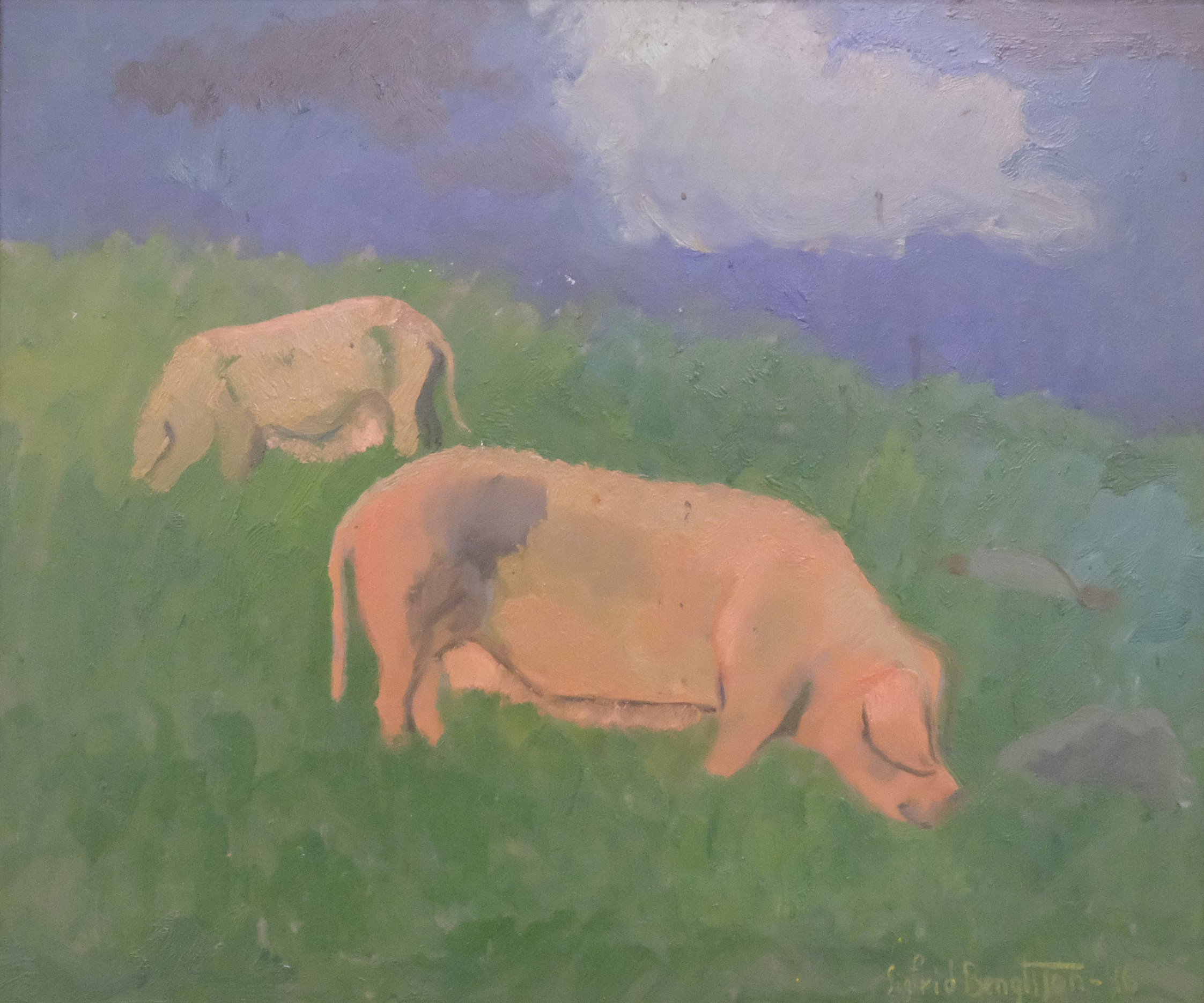 SIGFRID BENGTSSON. "SOLBRÄNDA GRISAR", OLJA PÅ PANNÅ.