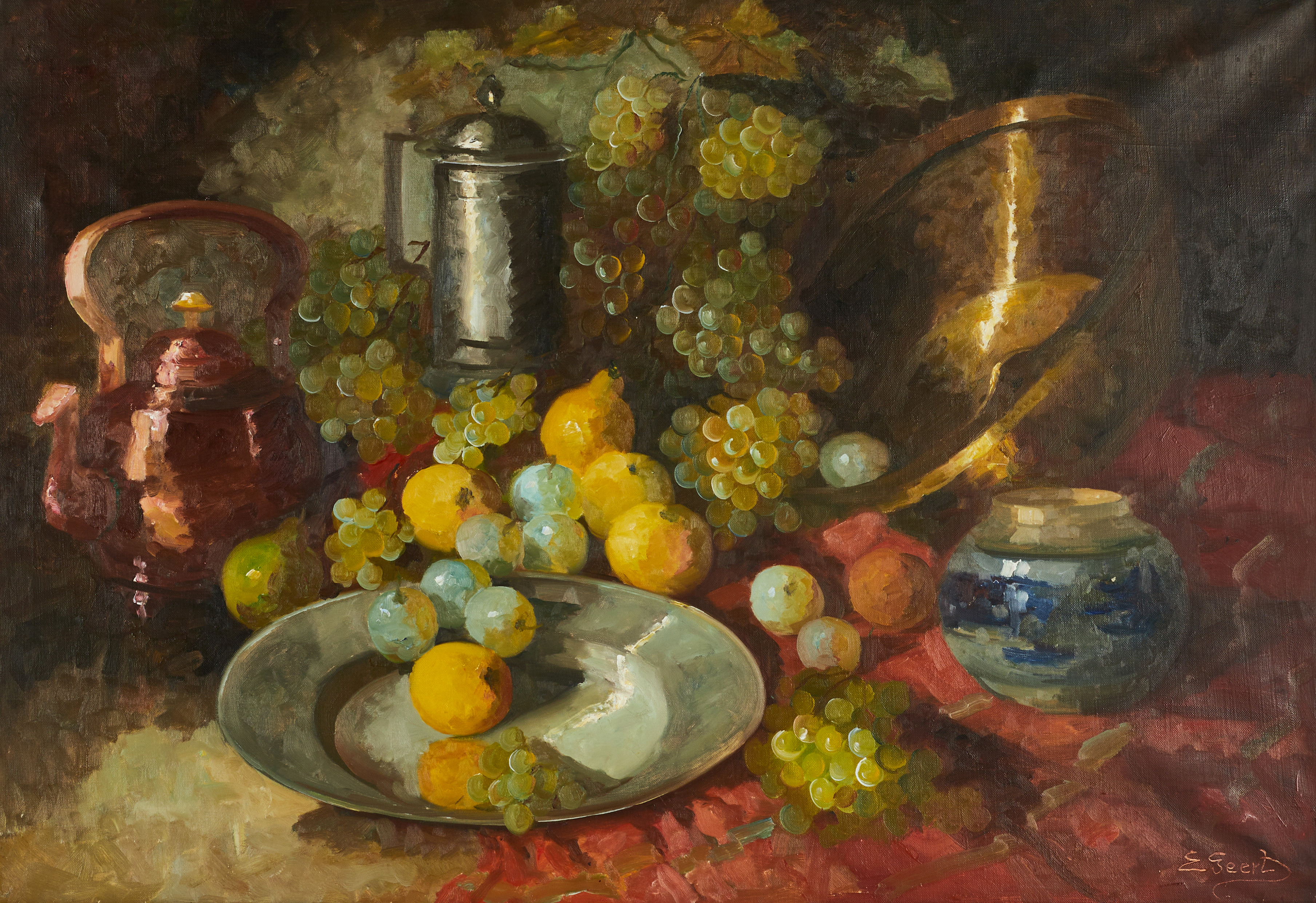 EDITH GERT (DANMARK 1906-1983). Stilleben med vindruvor, signerad, olja på duk.