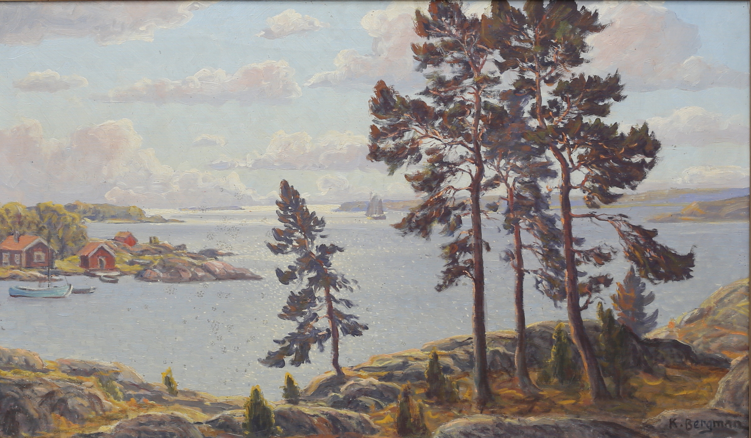 KARL BERGMAN. Skärgård i solsken, olja på duk, signerad.
