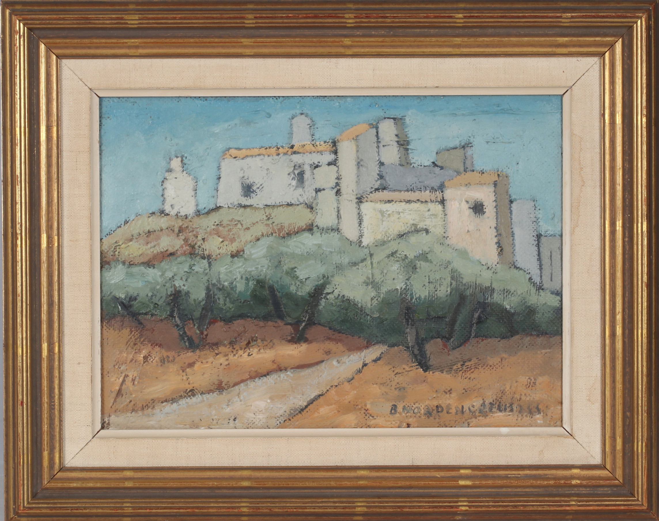 BRITA NORDENCREUTZ. Sydländsk by, olja på pannå, signerad.