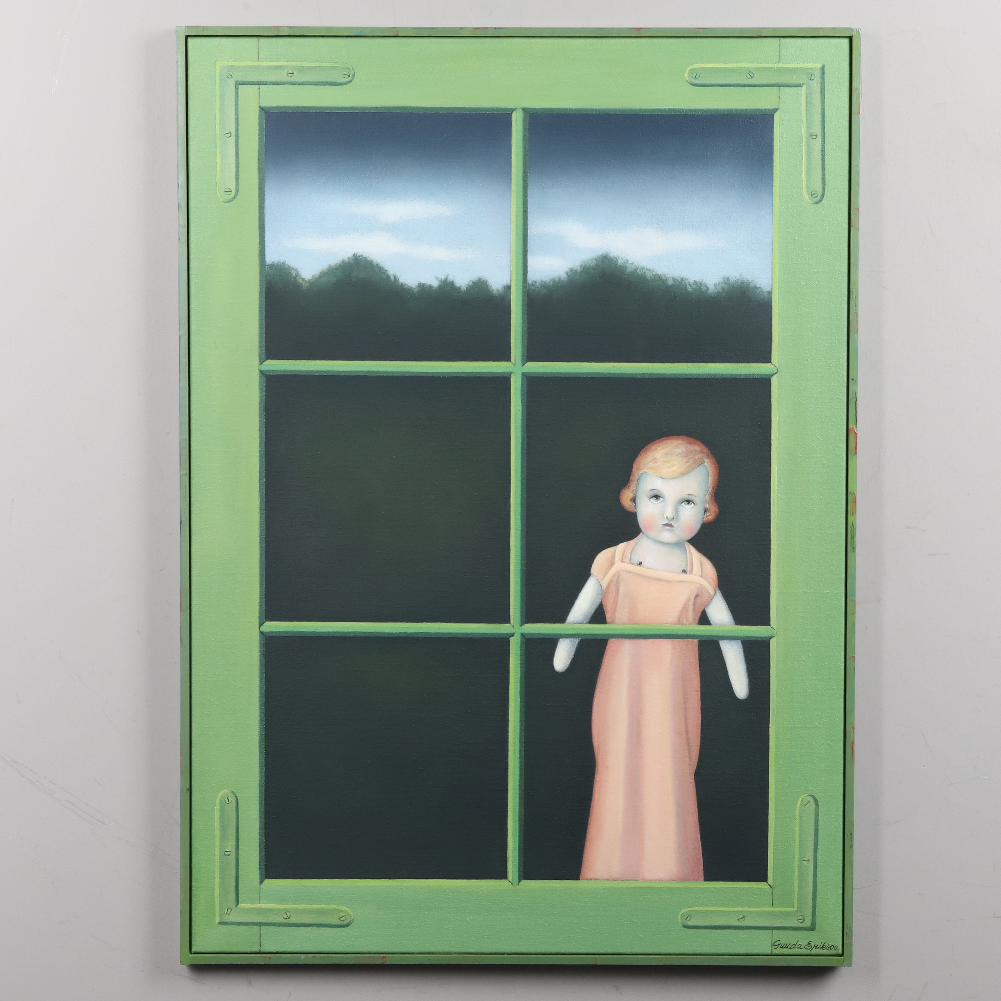 GUNDA ERIKSON. OLJA PÅ DUK, "Dockan i grönt fönster", signerad.
