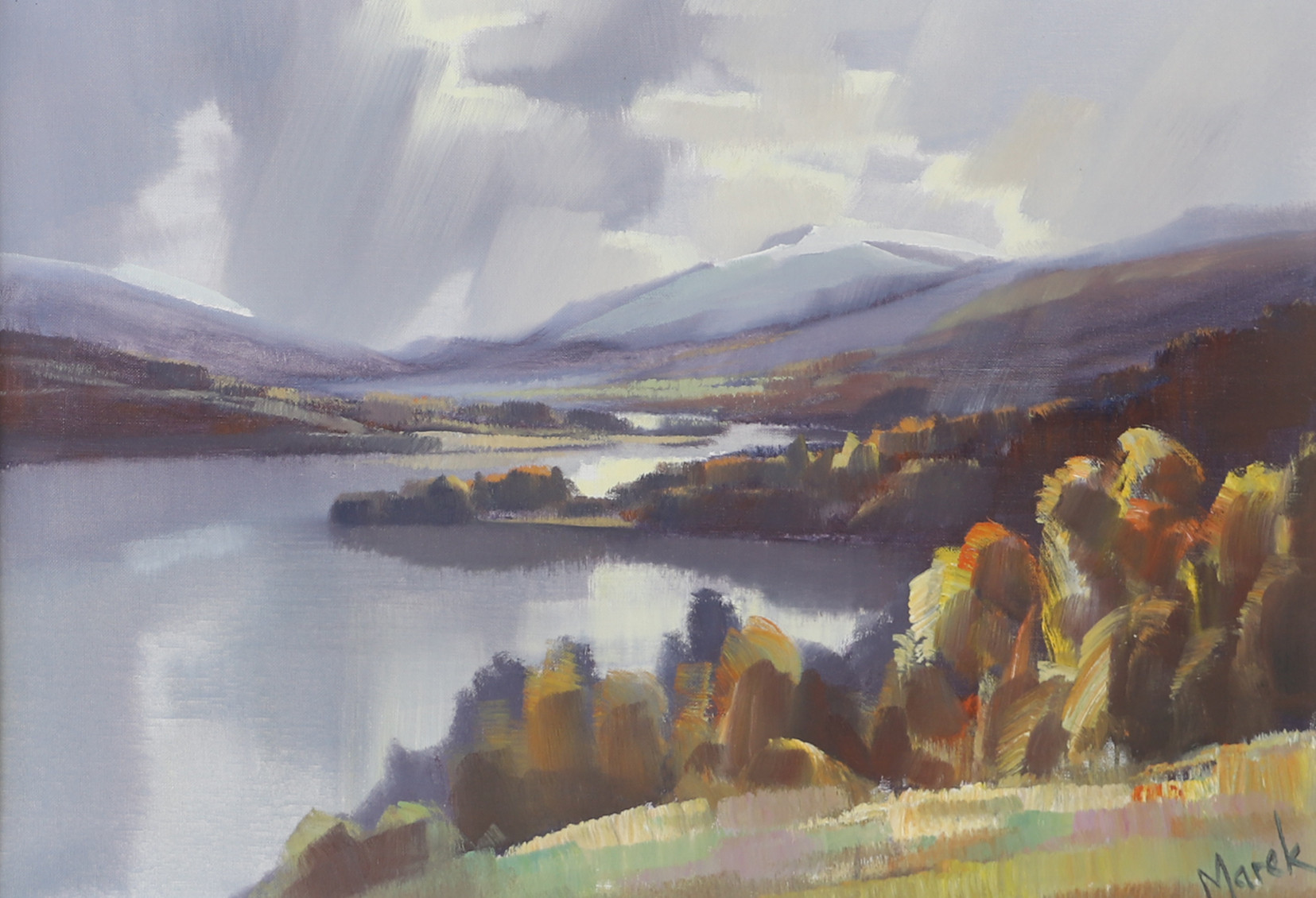 OIDENTIFIERAD KONSTNÄR. Sjölandskap, olja på duk, signerad Marek.
