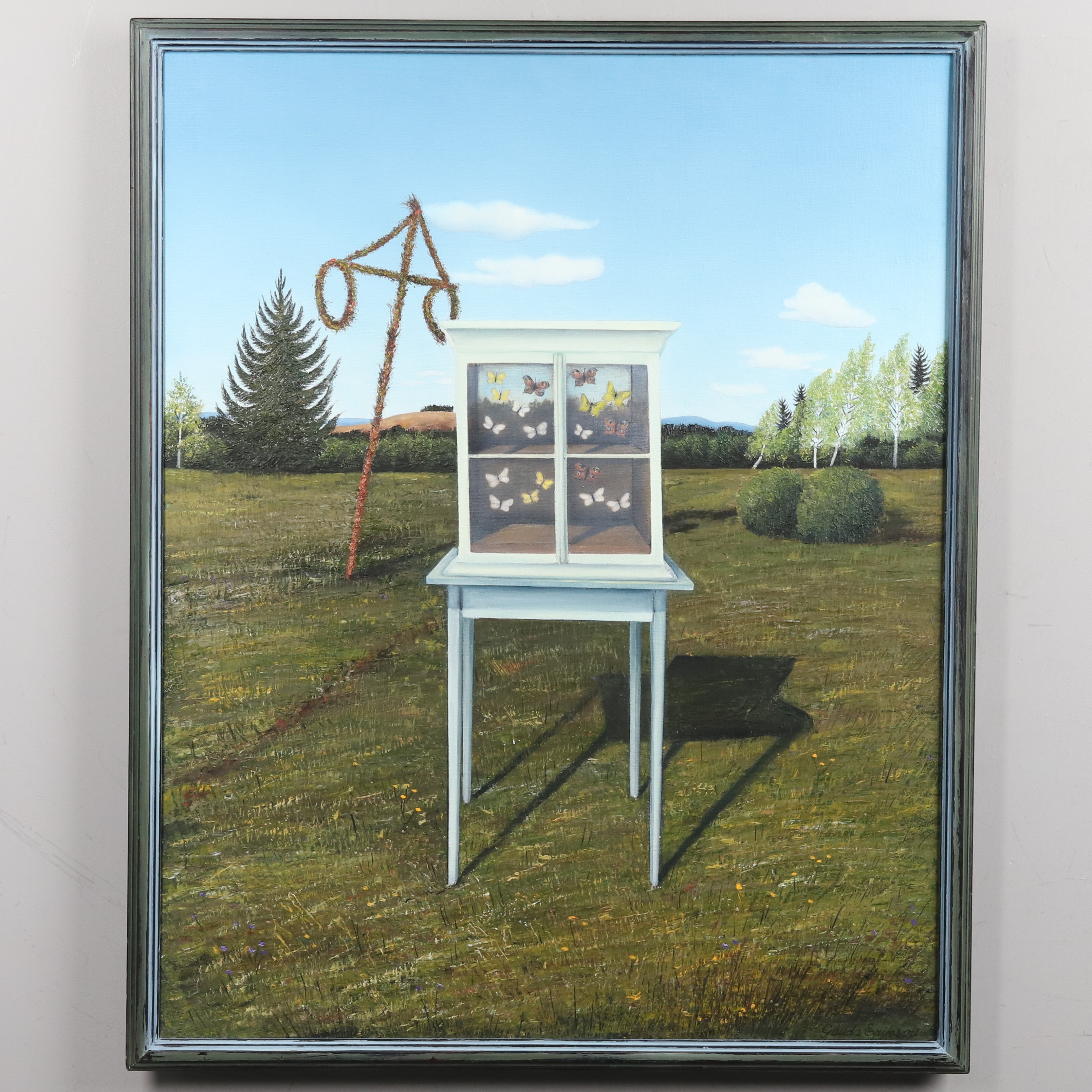 GUNDA ERIKSON. OLJA PÅ DUK, "Fjäril-skåpet", signerad.