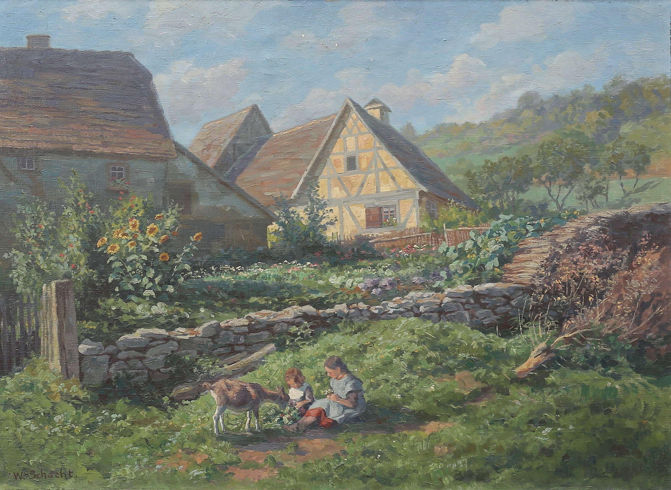 WILHELM SCHACHT. (Tyskland 1872 - 1951) Lantlig by med barn, signerad W Schacht.