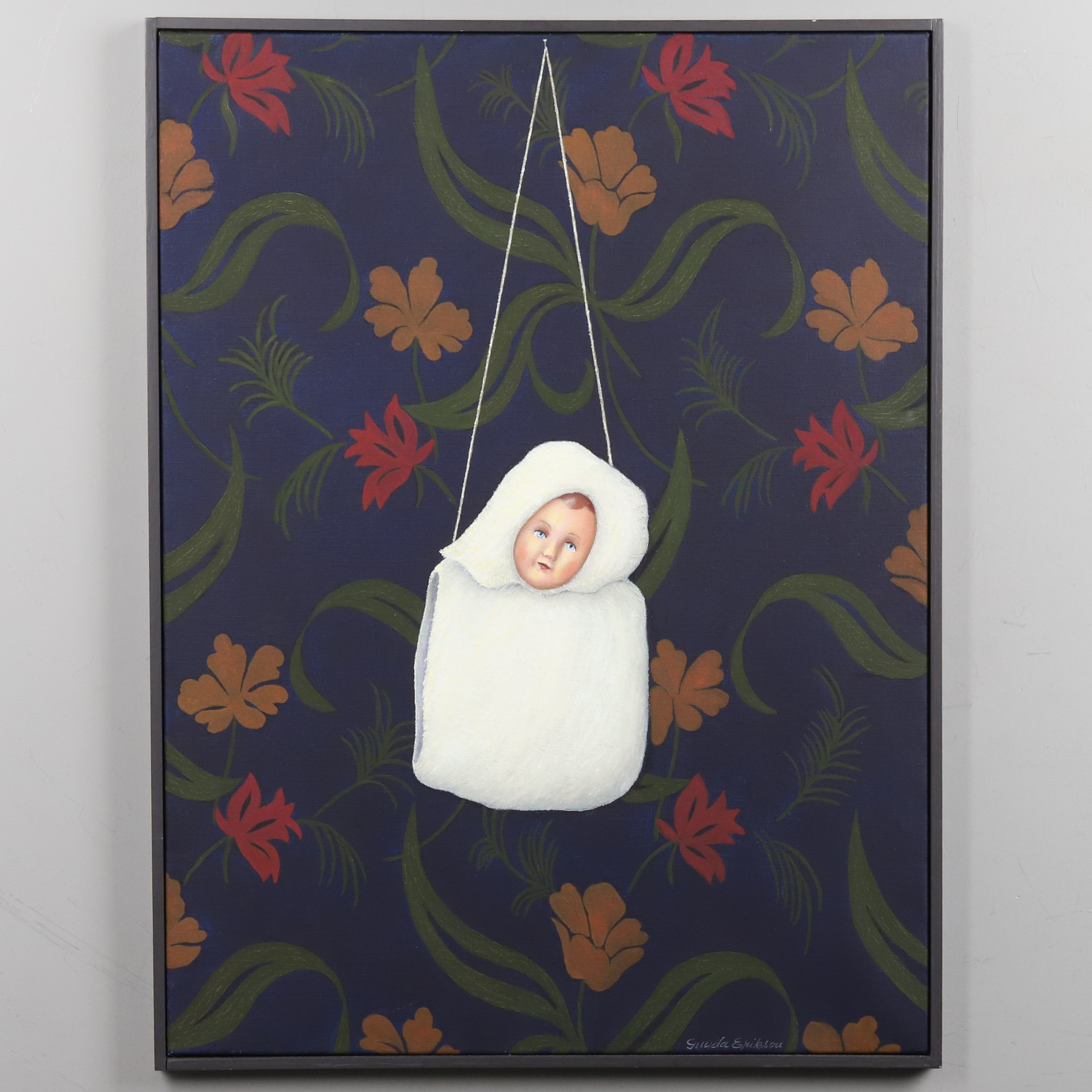 GUNDA ERIKSON. OLJA PÅ DUK, "Kanin-muffen", signerad.