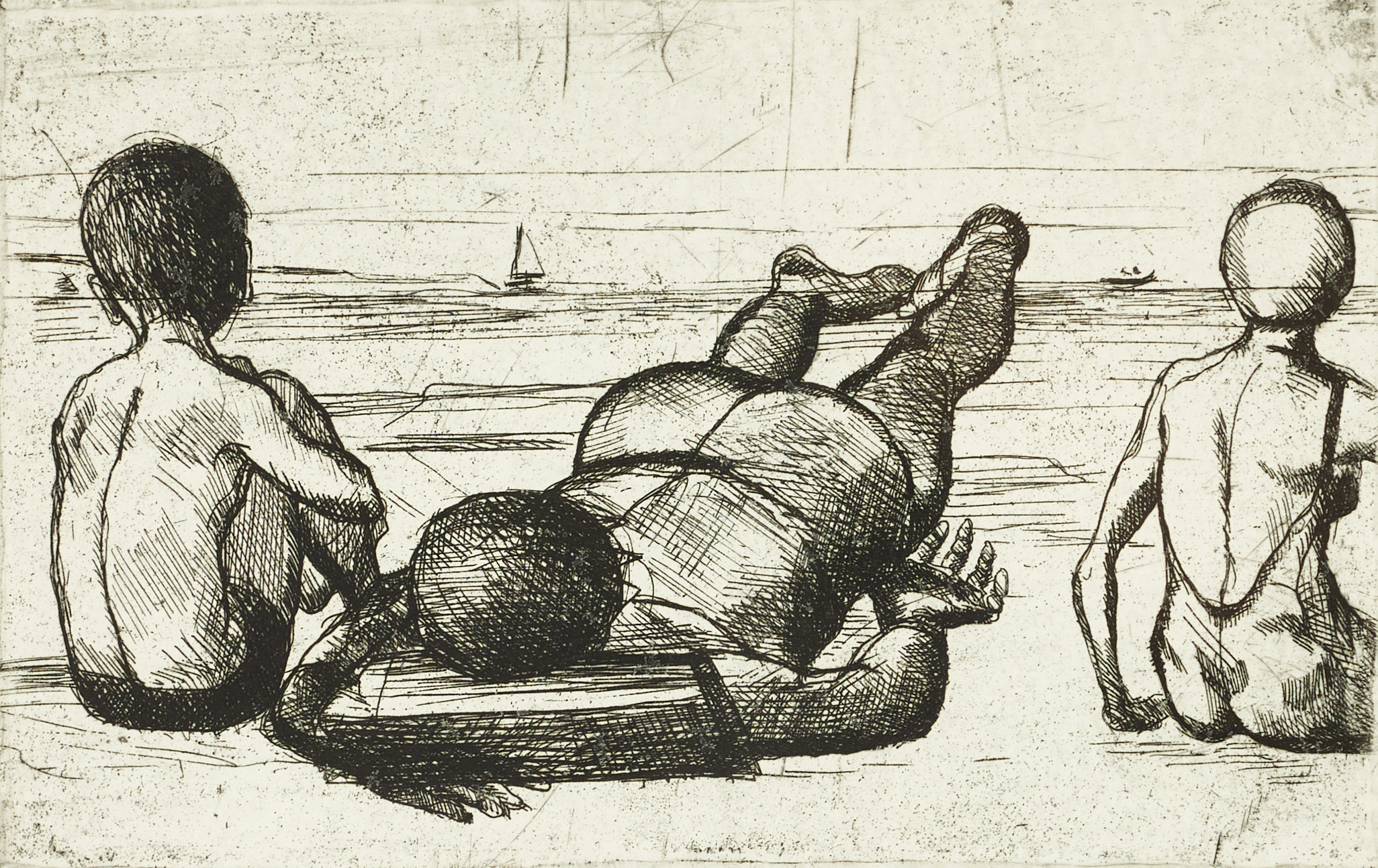 CECILIA FRISENDAHL (1922-2014). "Tre på stranden", signerad och numrerad 3/20, etsning.