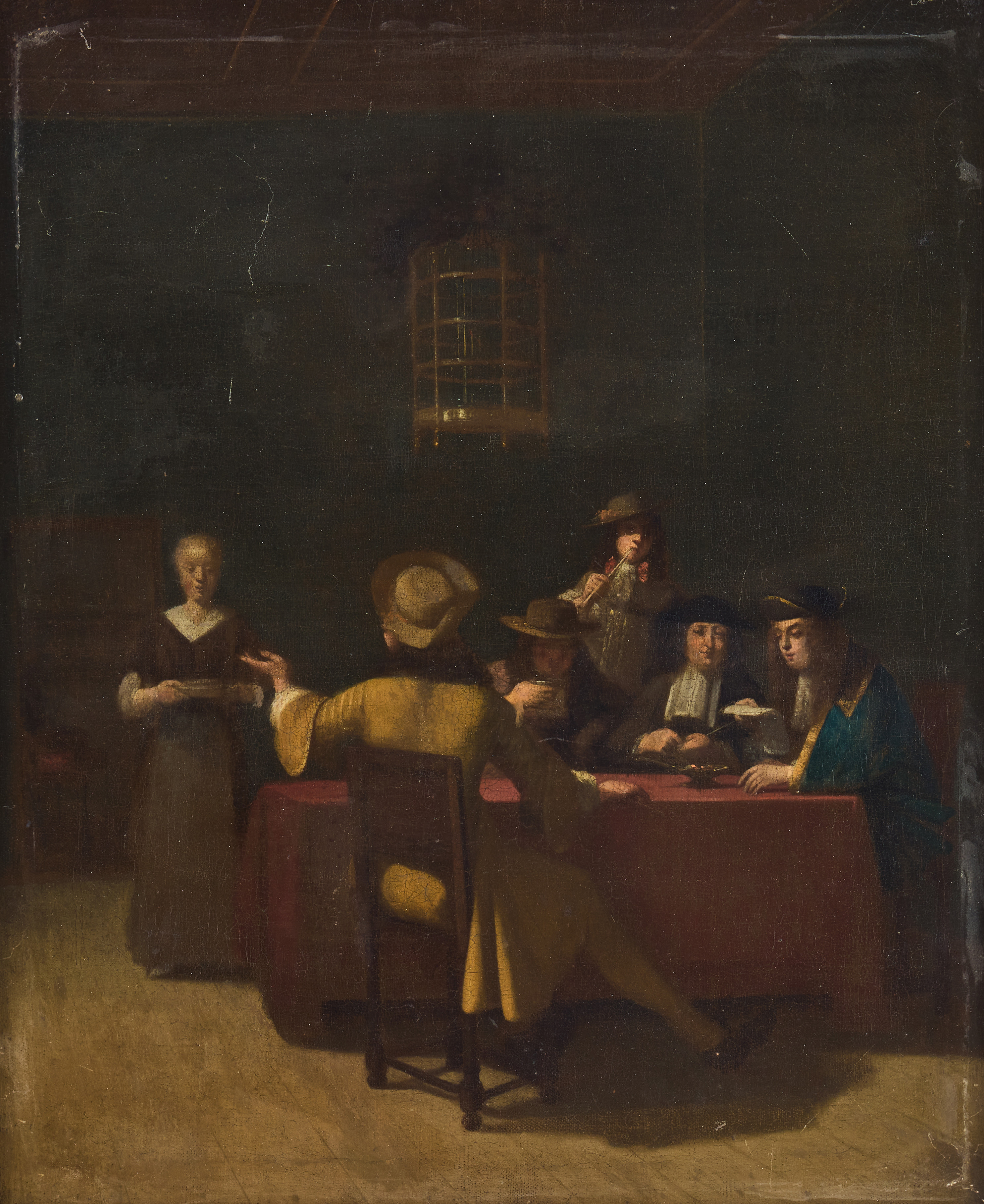 JOB BERCKHEYDE (HAARLEM 1630-1693). Attributed to. Interior with noblemen and a servant girl.