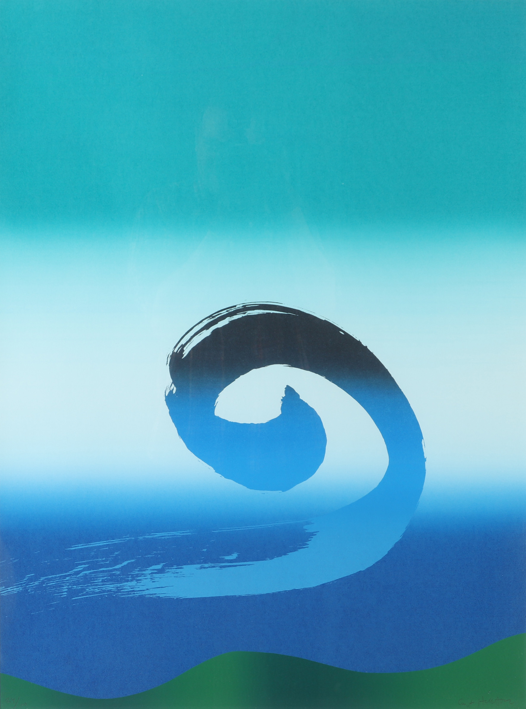 CURT HILLFON. Komposition i blått, färglitografi, signerad.