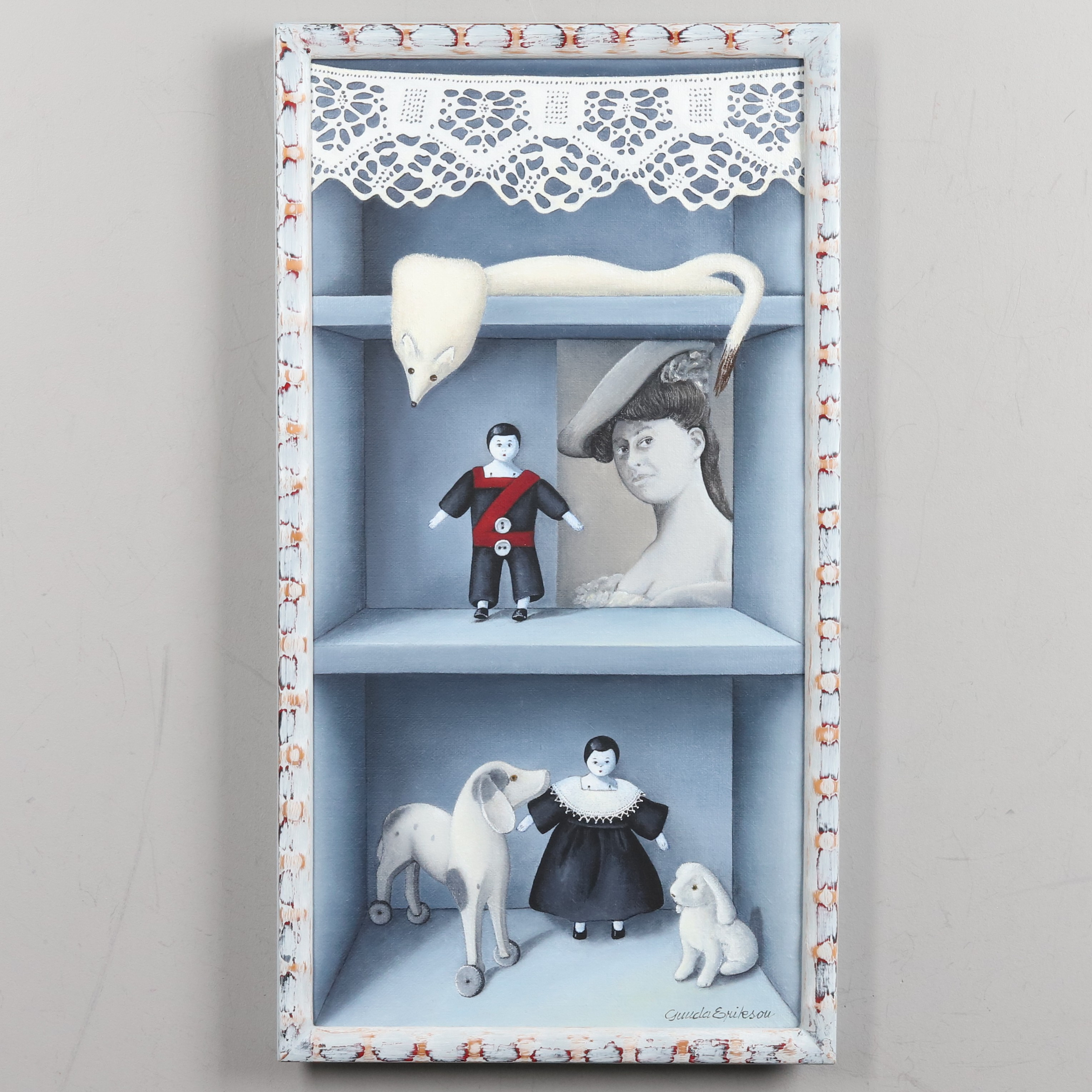 GUNDA ERIKSON. OLJA PÅ DUK, "Tittskåpet", signerad.