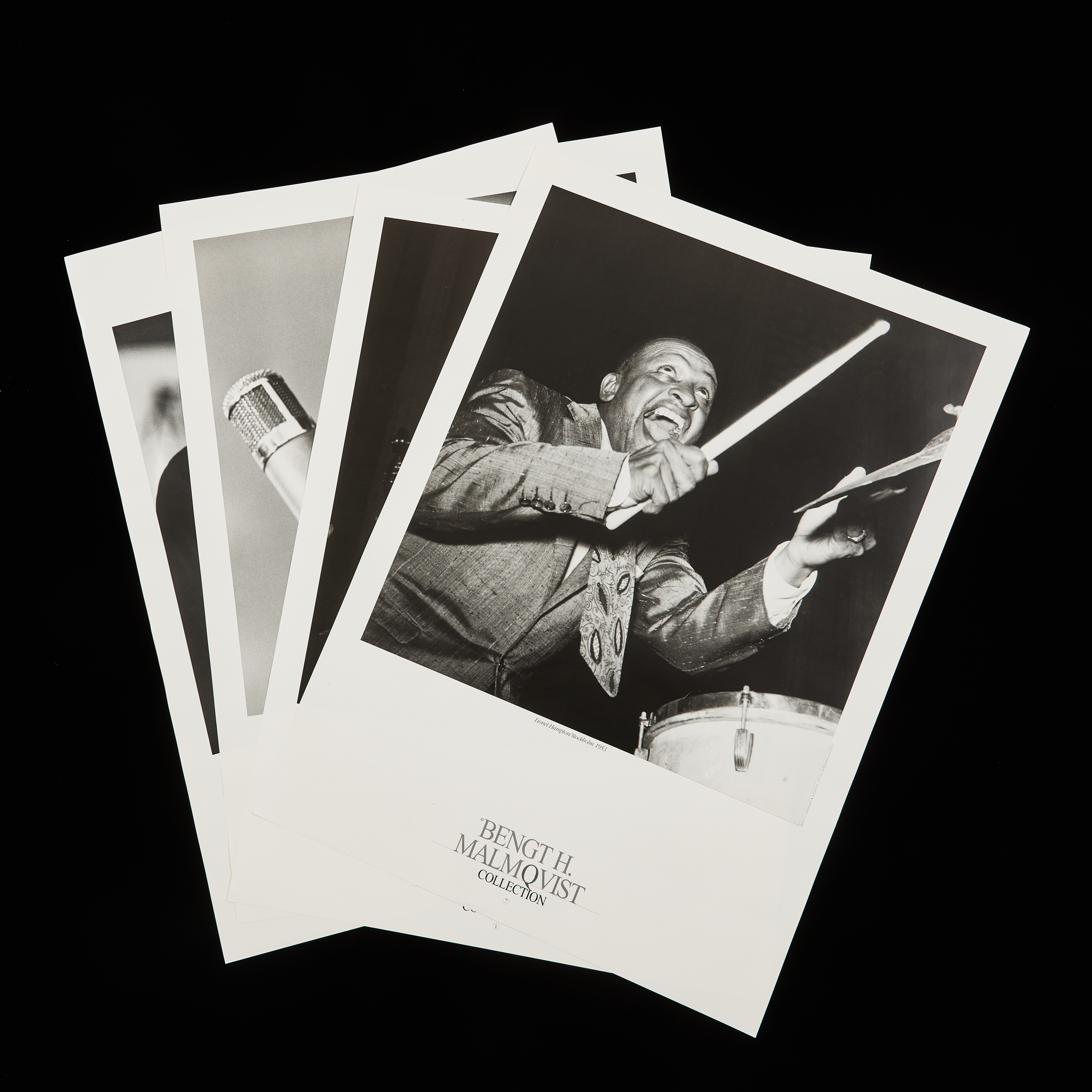 BENGT H. MALMQVIST. EFTER. Affischer, 4 st, "Bengt H. Malmqvist Collection", föreställande jazz- och soulartister under konserter i Stockholm; Lionel Hampton, Billie Holliday, Louis Armstrong och Ray Charles.