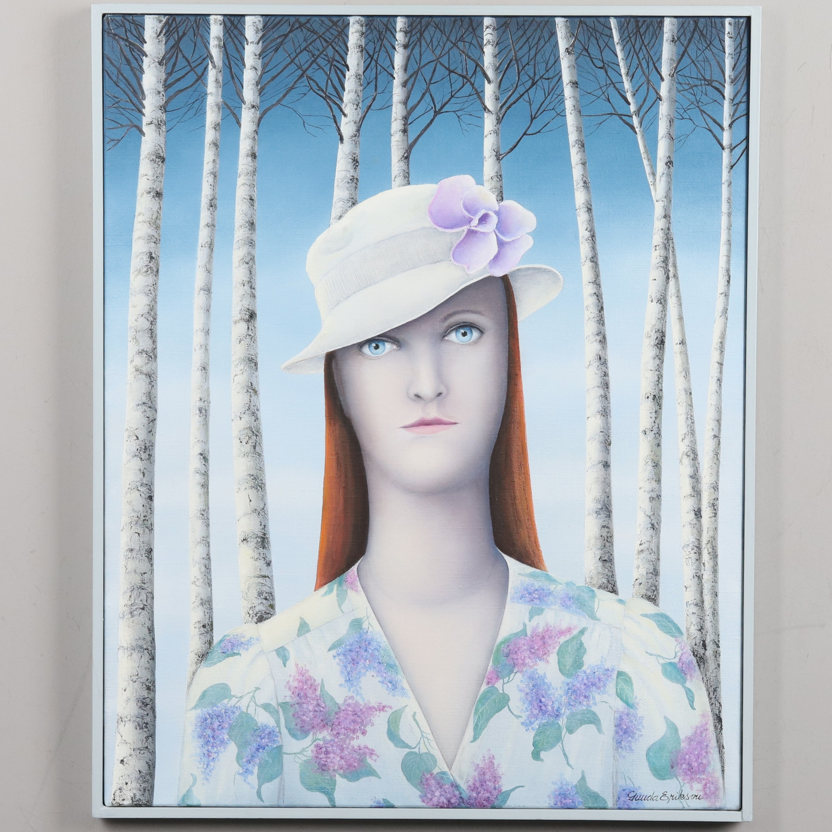 GUNDA ERIKSON. OLJA PÅ DUK, "Flicka i syrenklänning", signerad.