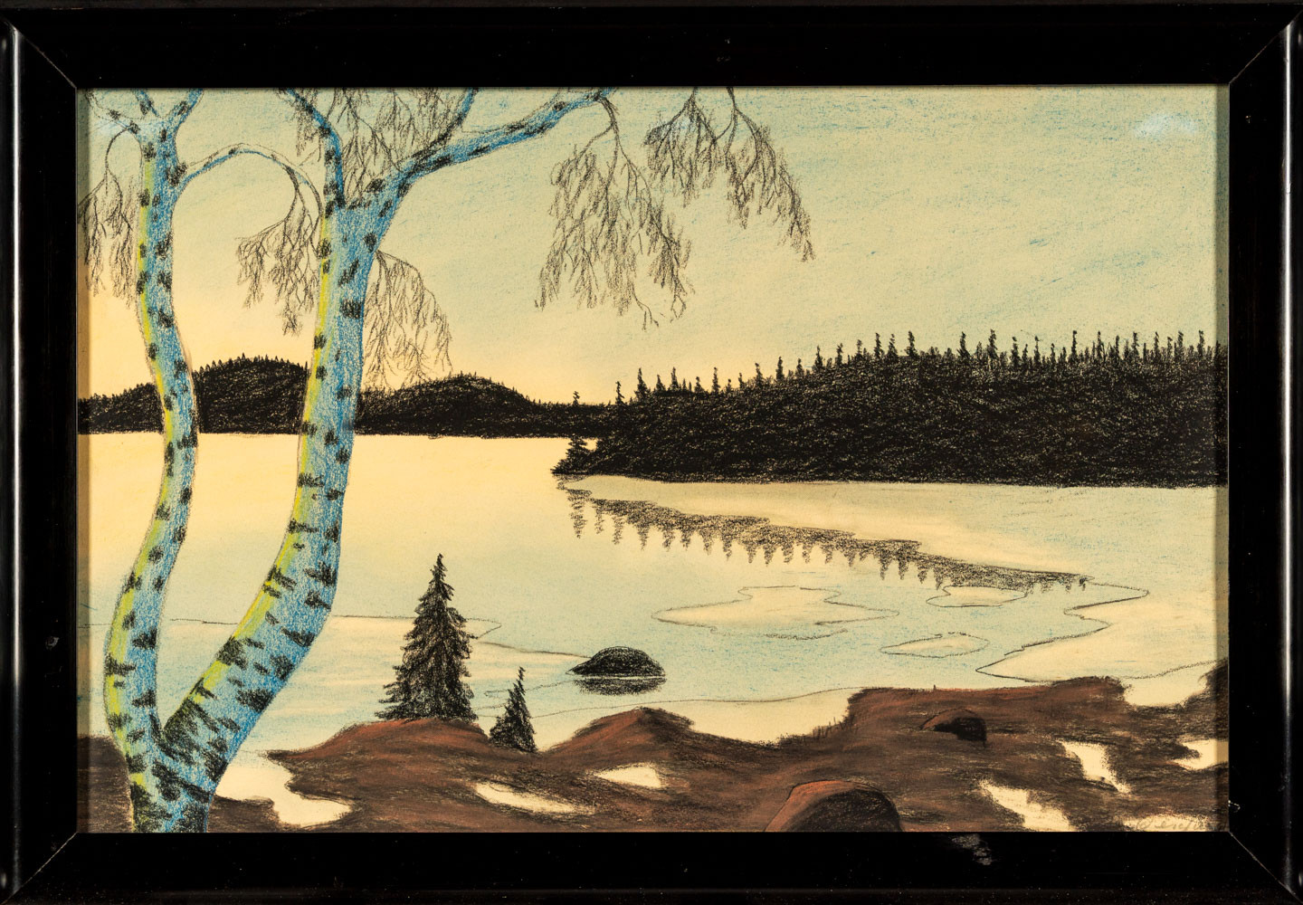 OIDENTIFIERAD KONSTNÄR. Blandteknik på papper, Signerad, H berglund, motiv "Sjö med träd".