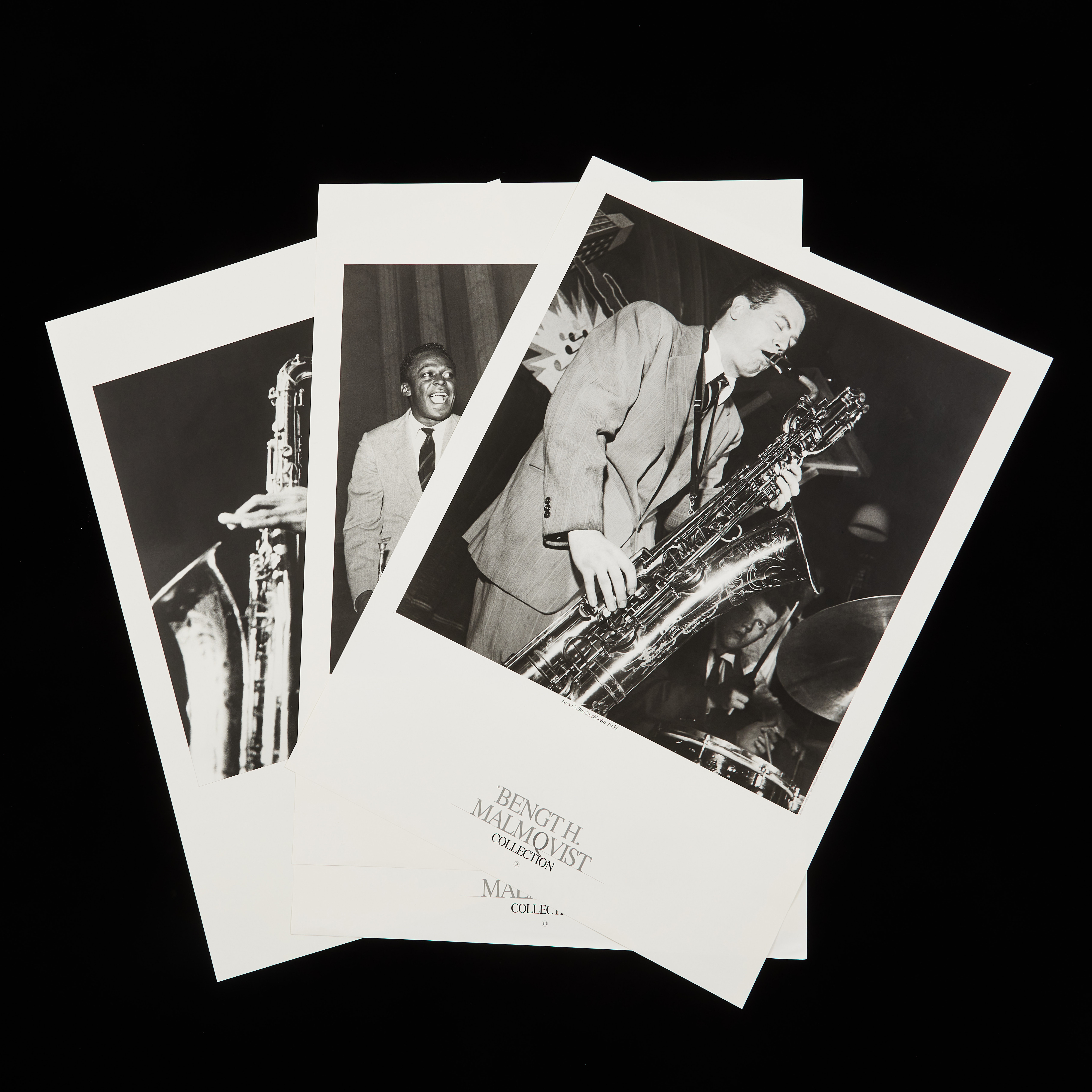 BENGT H. MALMQVIST. EFTER. Affischer, 4 st, "Bengt H. Malmqvist Collection", föreställande jazzmusiker under konserter i Stockholm; Lars Gullin, Miles davies, Lester Young, sarah Vaughan, Dizzie gilespie och John Coltrane.