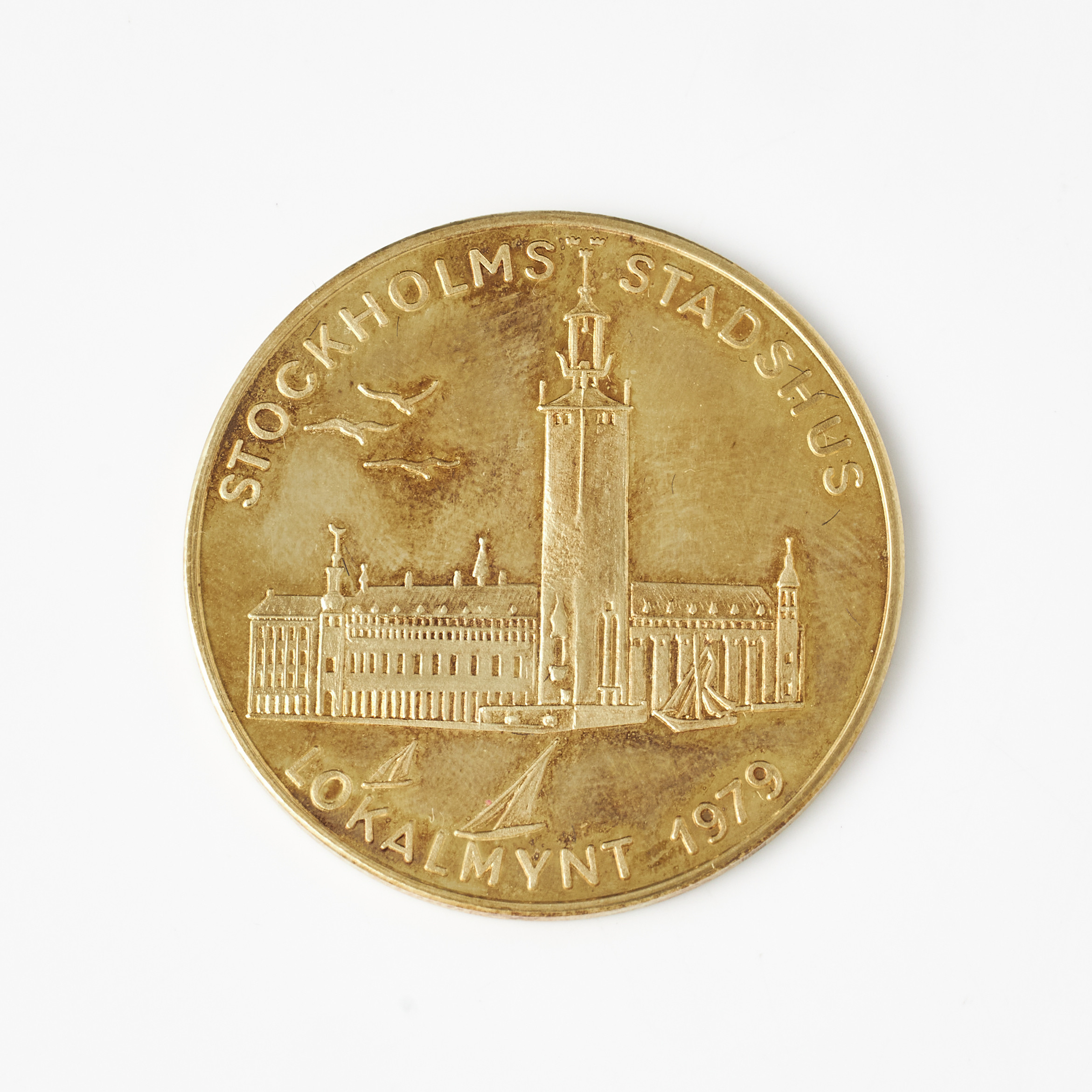 LOKALMYNT, 18 k guld, 1000 kr, advers motiv med Stockholms Stadshus resp. revers med motiv Stockholms Stadion, 1979, Sporrong, Norrtälje 1979.