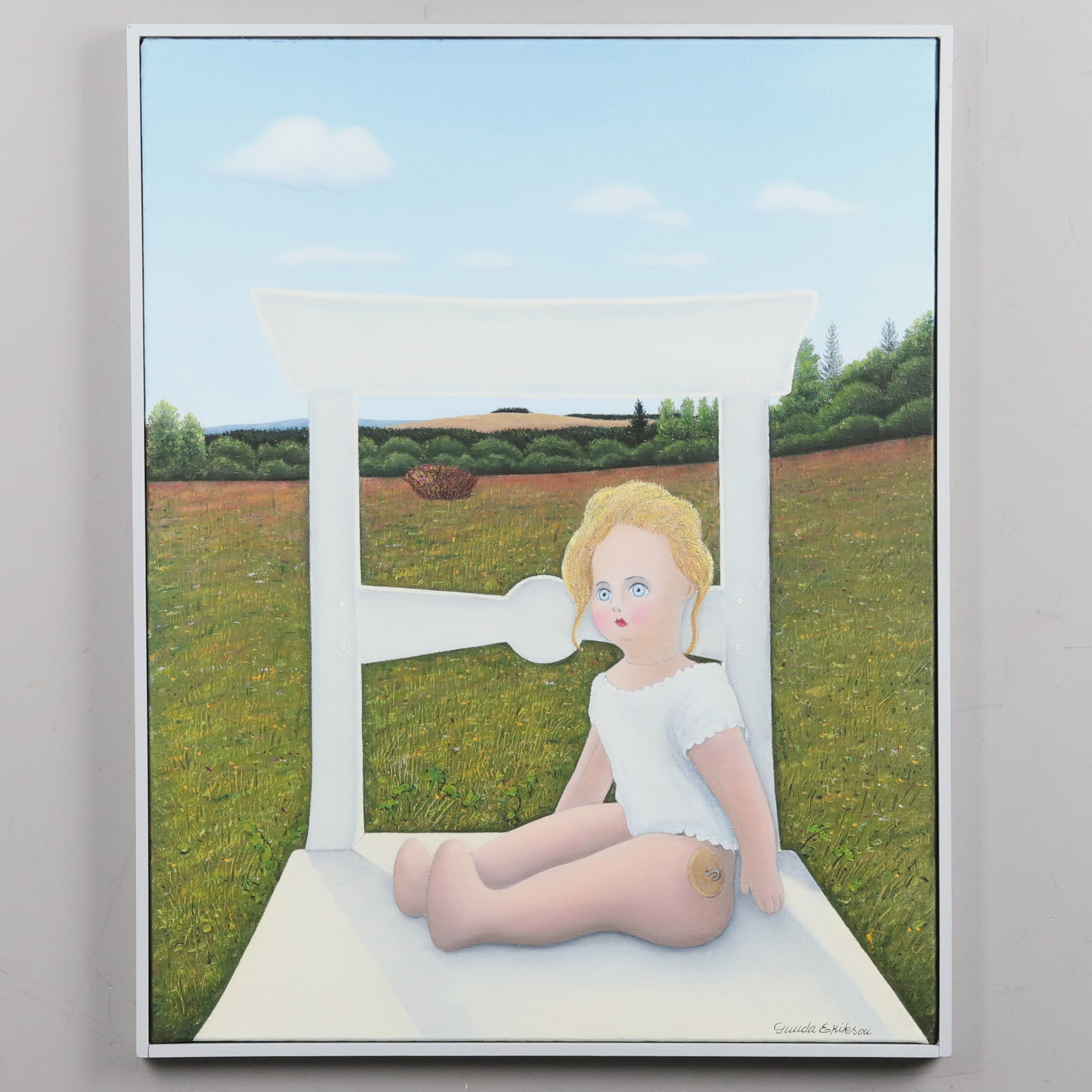GUNDA ERIKSON. OLJA PÅ DUK, "Dockan på stolen", signerad.