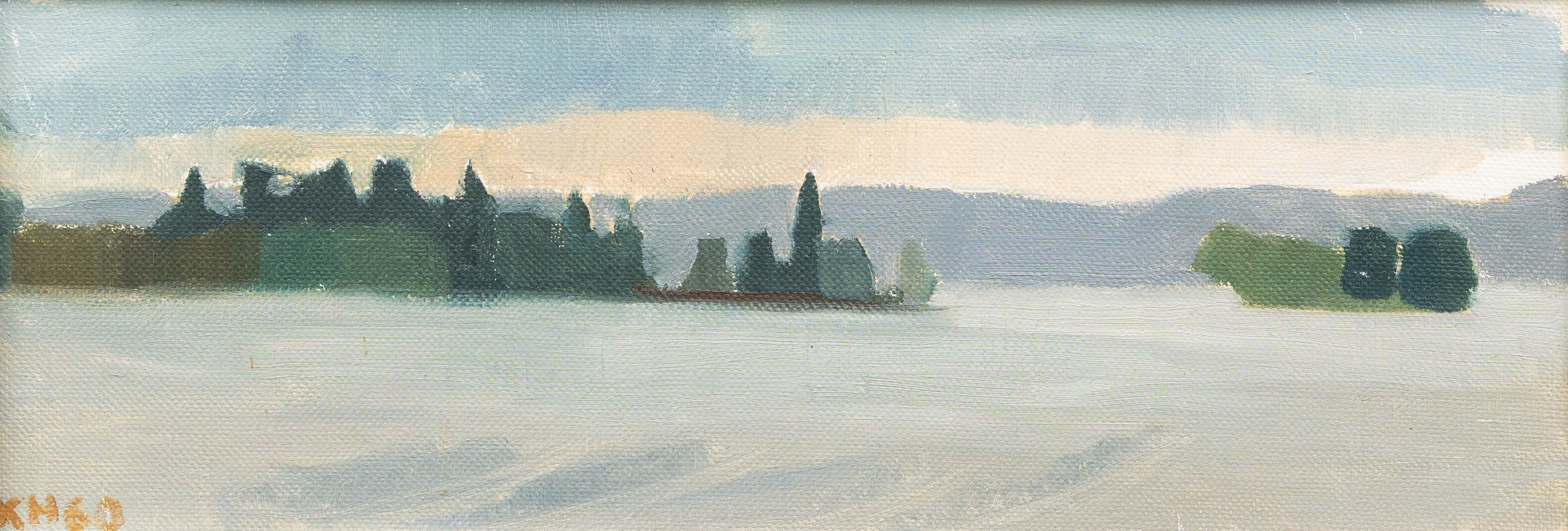 KRISTIAN HOLMQVIST (1928-2015). "Stora Kalvö och Lilla Kalvö i regndis", olja på pannå, signerad och dateras -60.