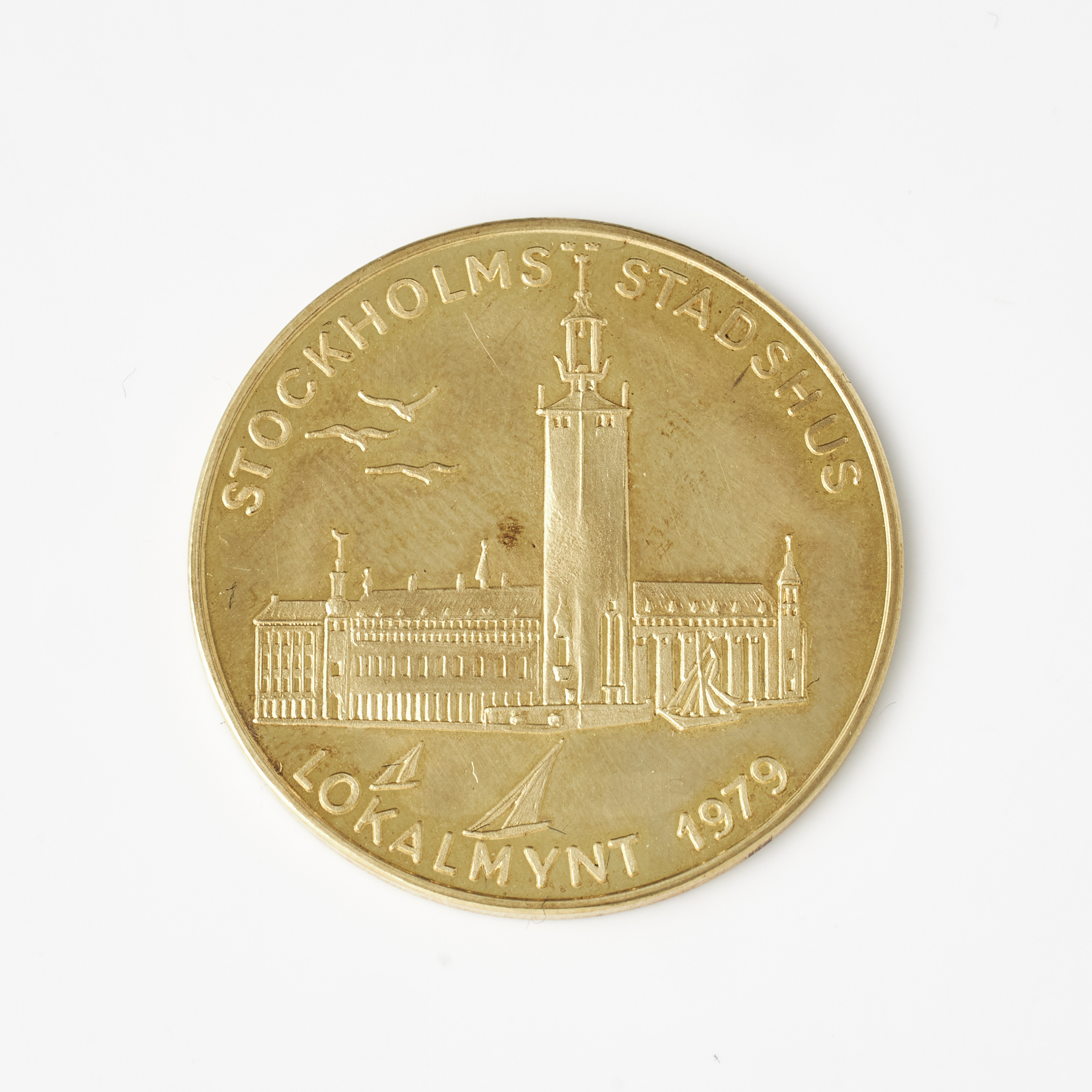 LOKALMYNT, 18 k guld, 1000 kr, advers motiv med Stockholms Stadshus resp. revers med motiv Stockholms Stadion, 1979, Sporrong, Norrtälje 1979.