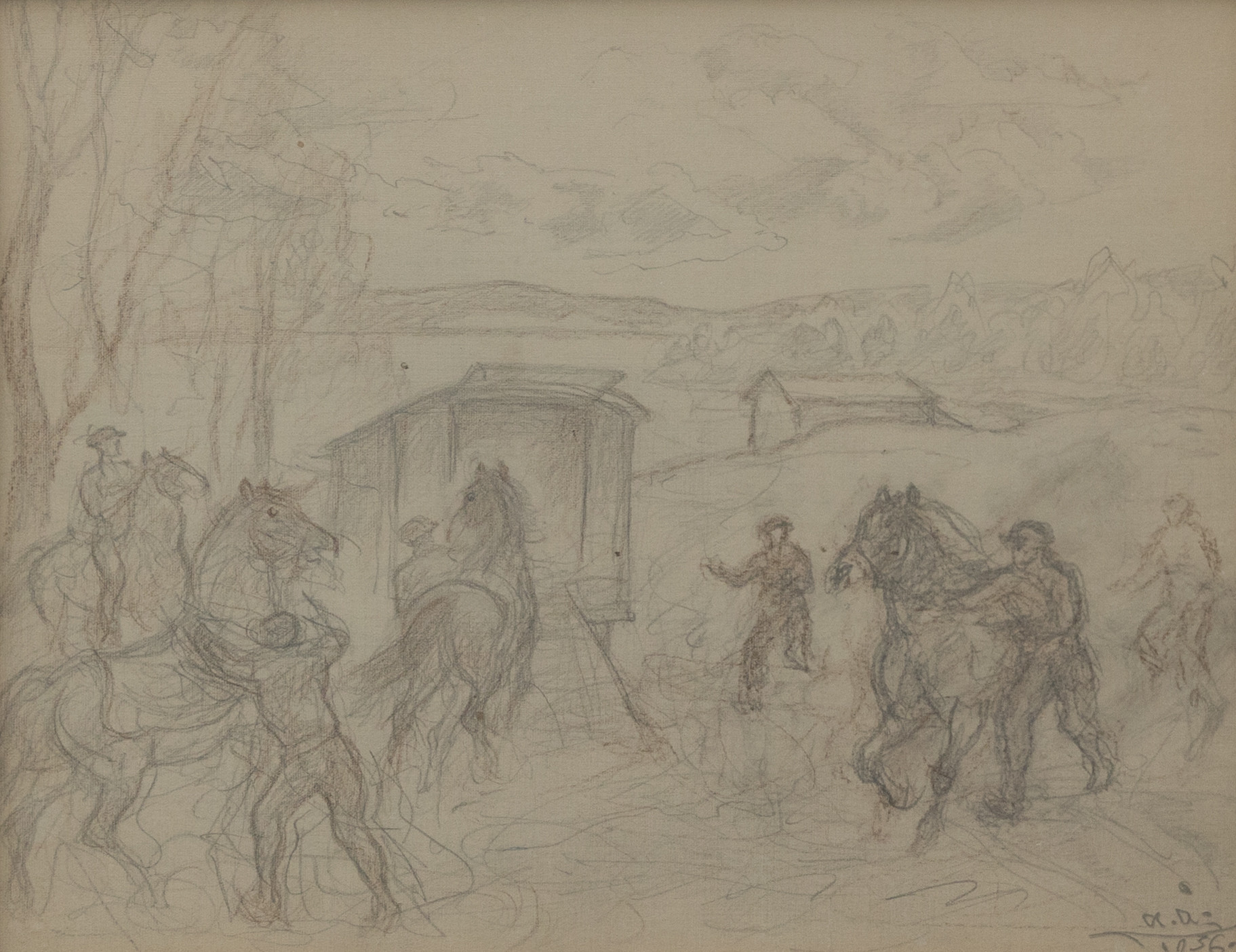 ACKE ÅSLUND. Hästar på ingång, blyerts, signerad och dateras 1936.