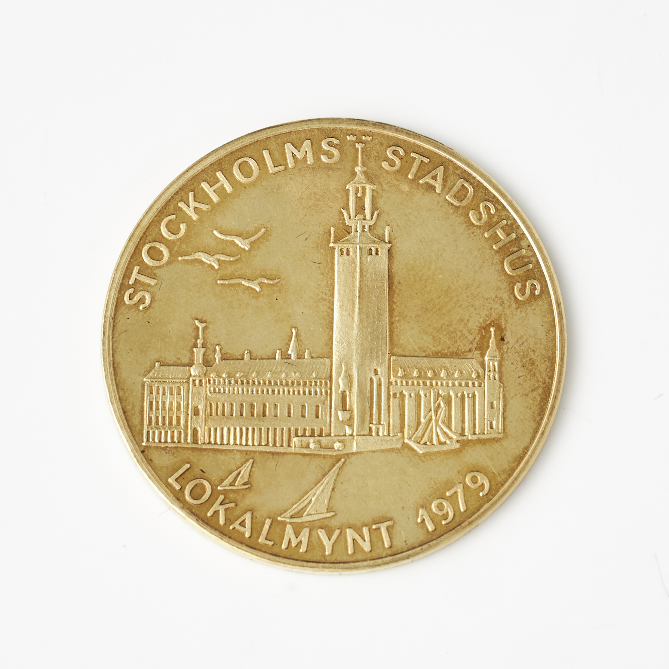 LOKALMYNT, 18 k guld, 1000 kr, advers motiv med Stockholms Stadshus resp. revers med motiv Stockholms Stadion, 1979, Sporrong, Norrtälje 1979.
