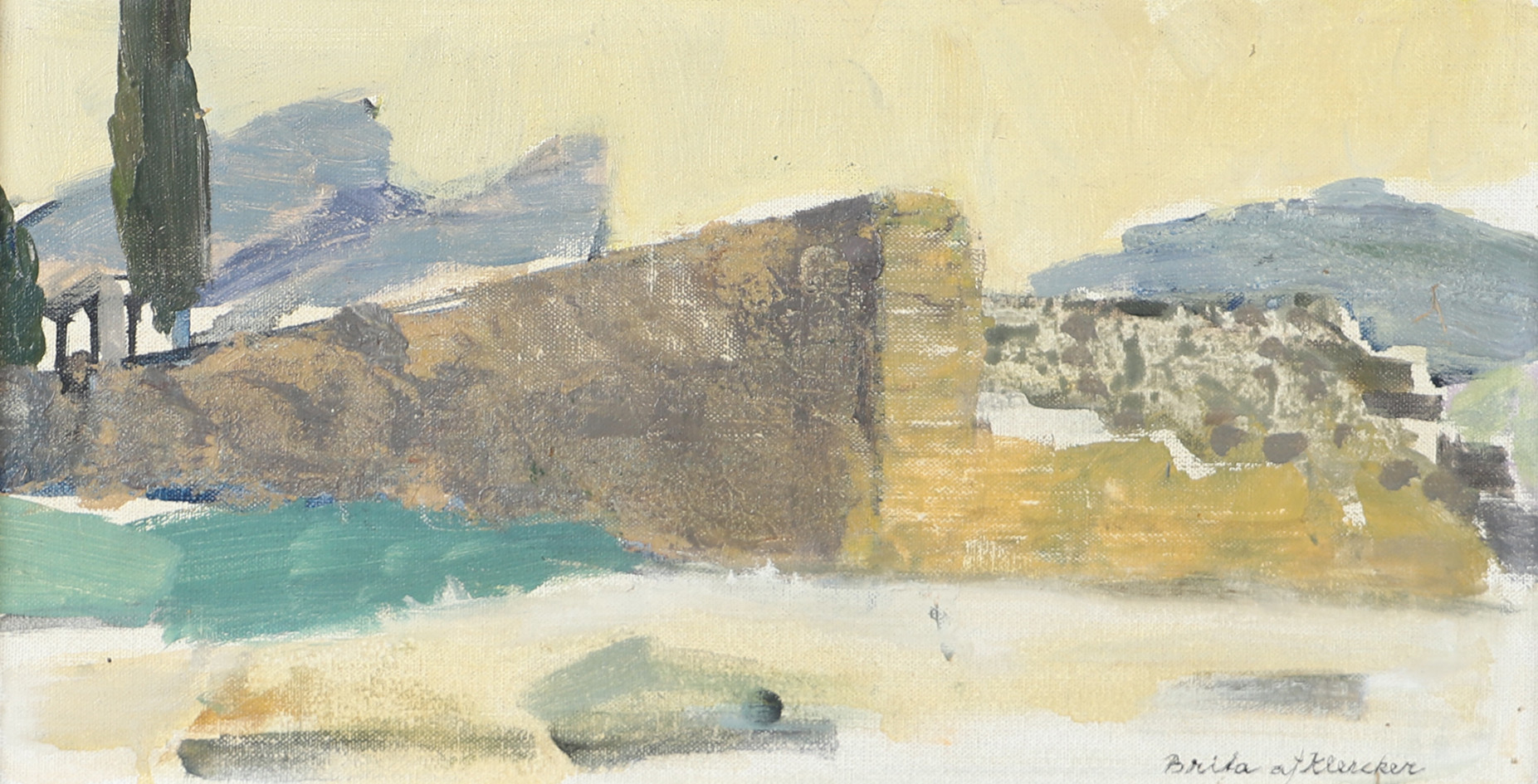 BRITA AF KLERCKER. "Muren vid berget", olja på duk, signerad.