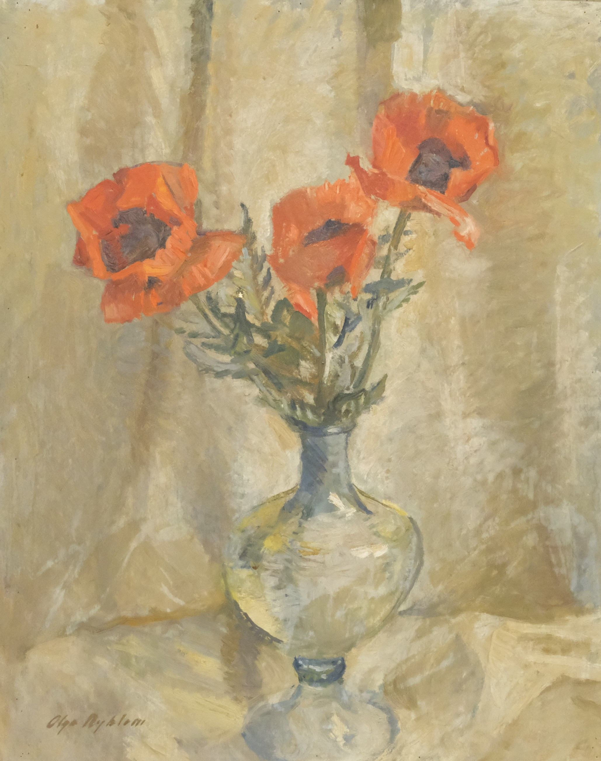 OLGA NYBLOM. STILLEBEN MED VALLMO, OLJA PÅ PANNÅ.