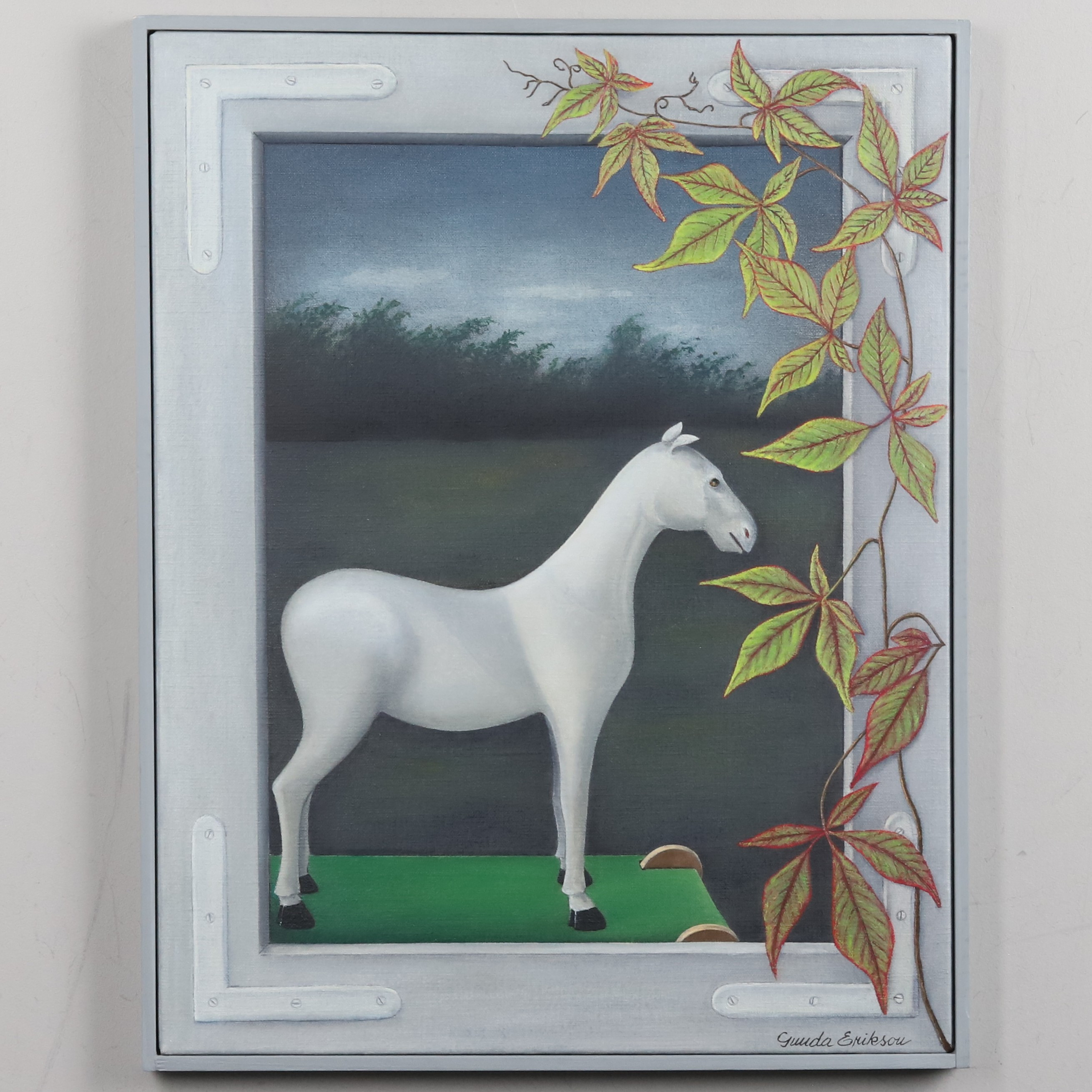 GUNDA ERIKSON. OLJA PÅ DUK, "Trähästen", signerad.