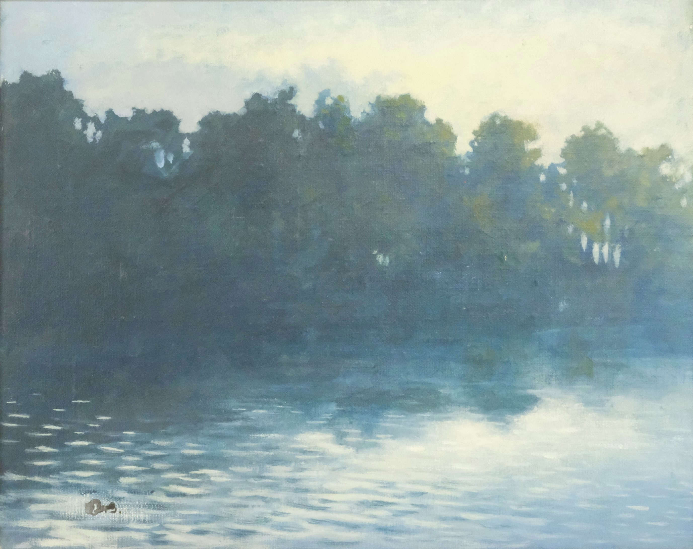 OIDENTIFIERAD KONSTNÄR. VATTENDRAG MED SKOG, OLJA PÅ DUK.