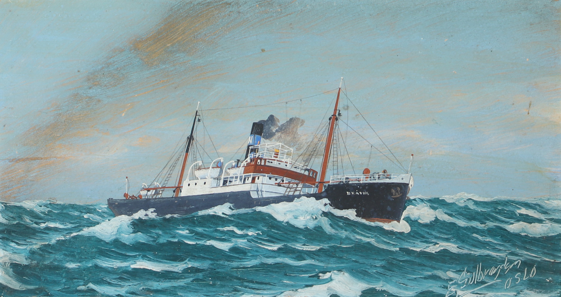 ERLING GULBRANDSEN. Fartyget Bråvik, olja på pannå, signerad E Gulbrandsen Oslo.