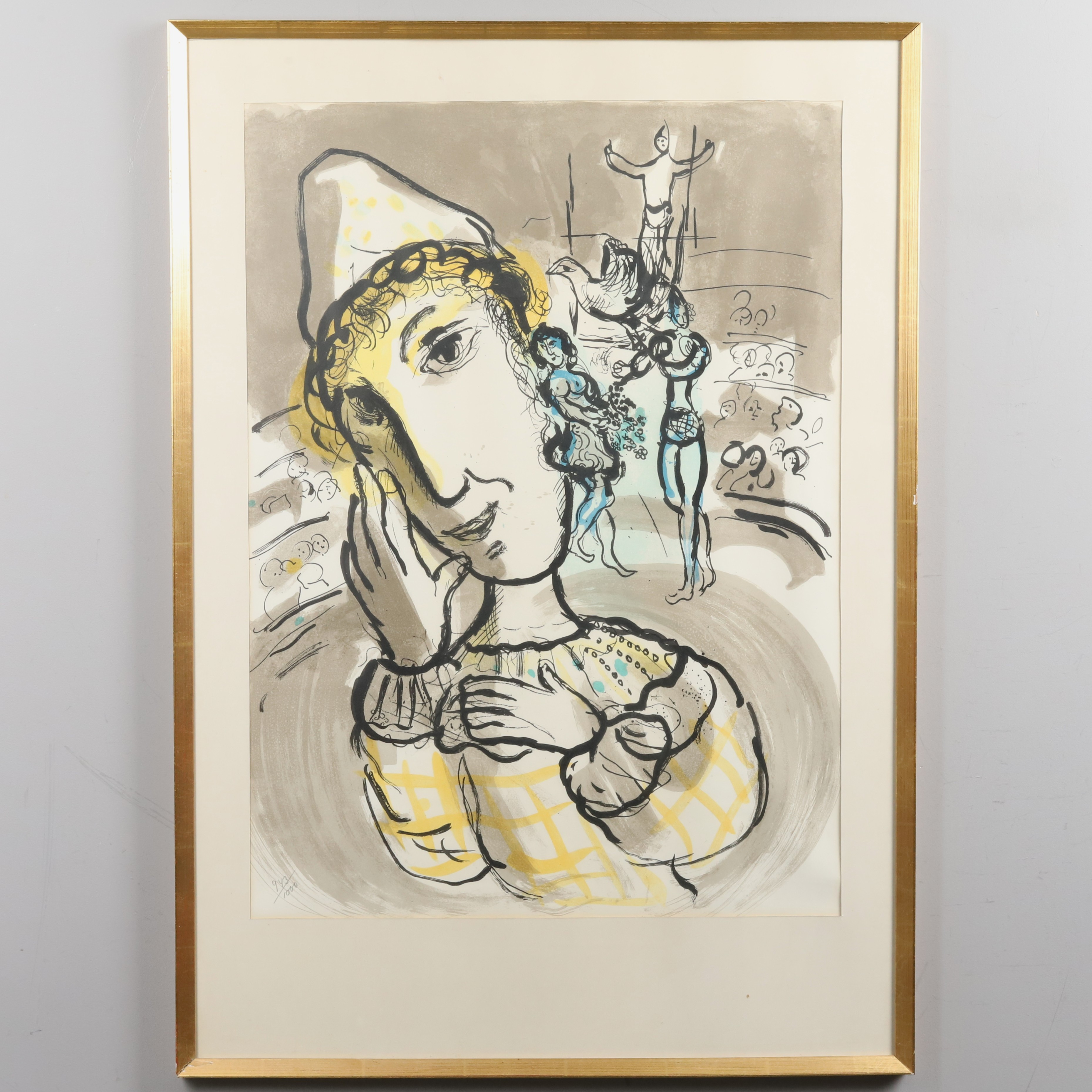 MARC CHAGALL. Färglitografi, Borstahusens Konstförenings affisch med originallitografi av Marc Chagall, "Clown i cirkus", nr. 943/1000.