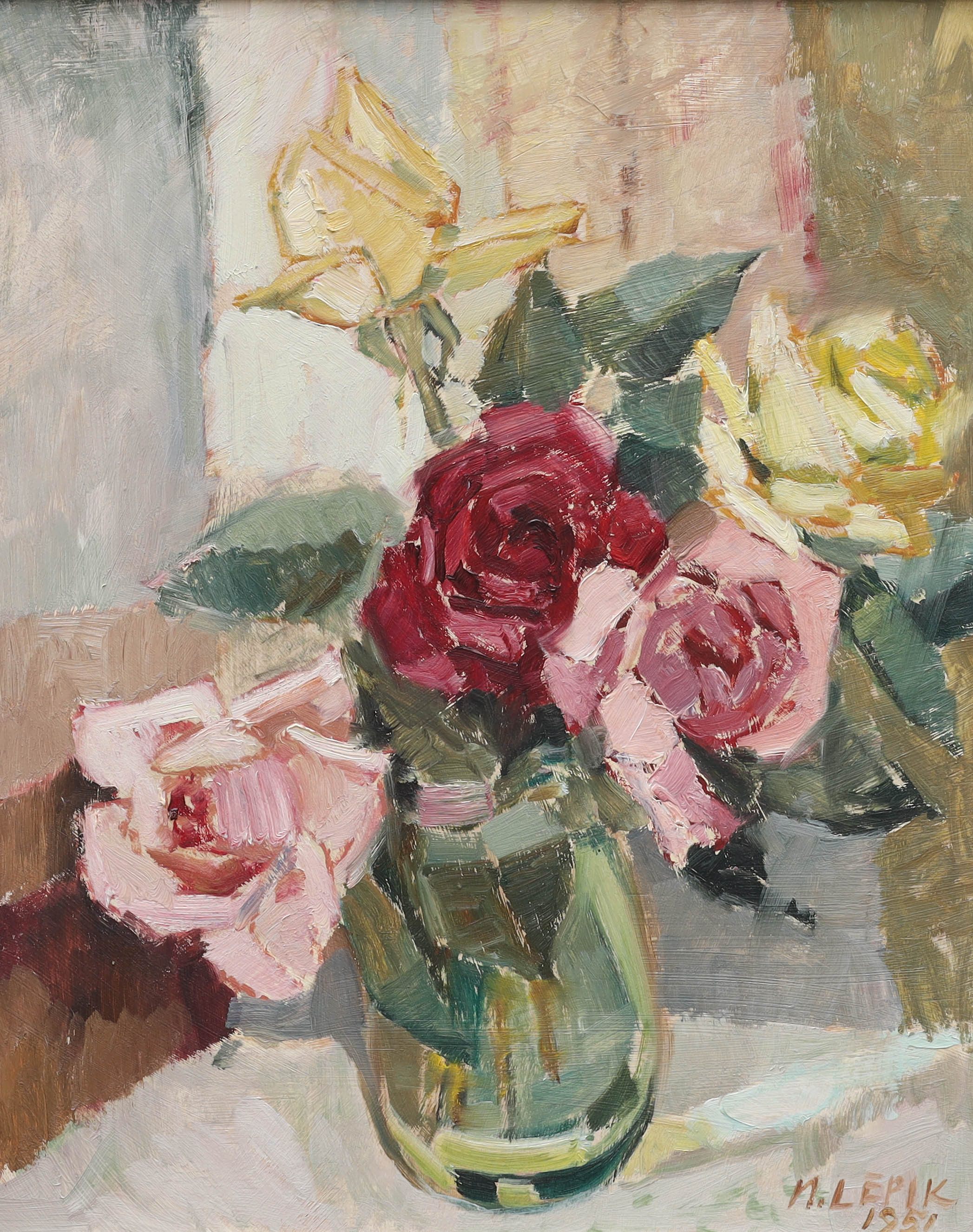 HUGO LEPIK. olja på pannå, stilleben rosor, signerad H Lepik, daterad -51.