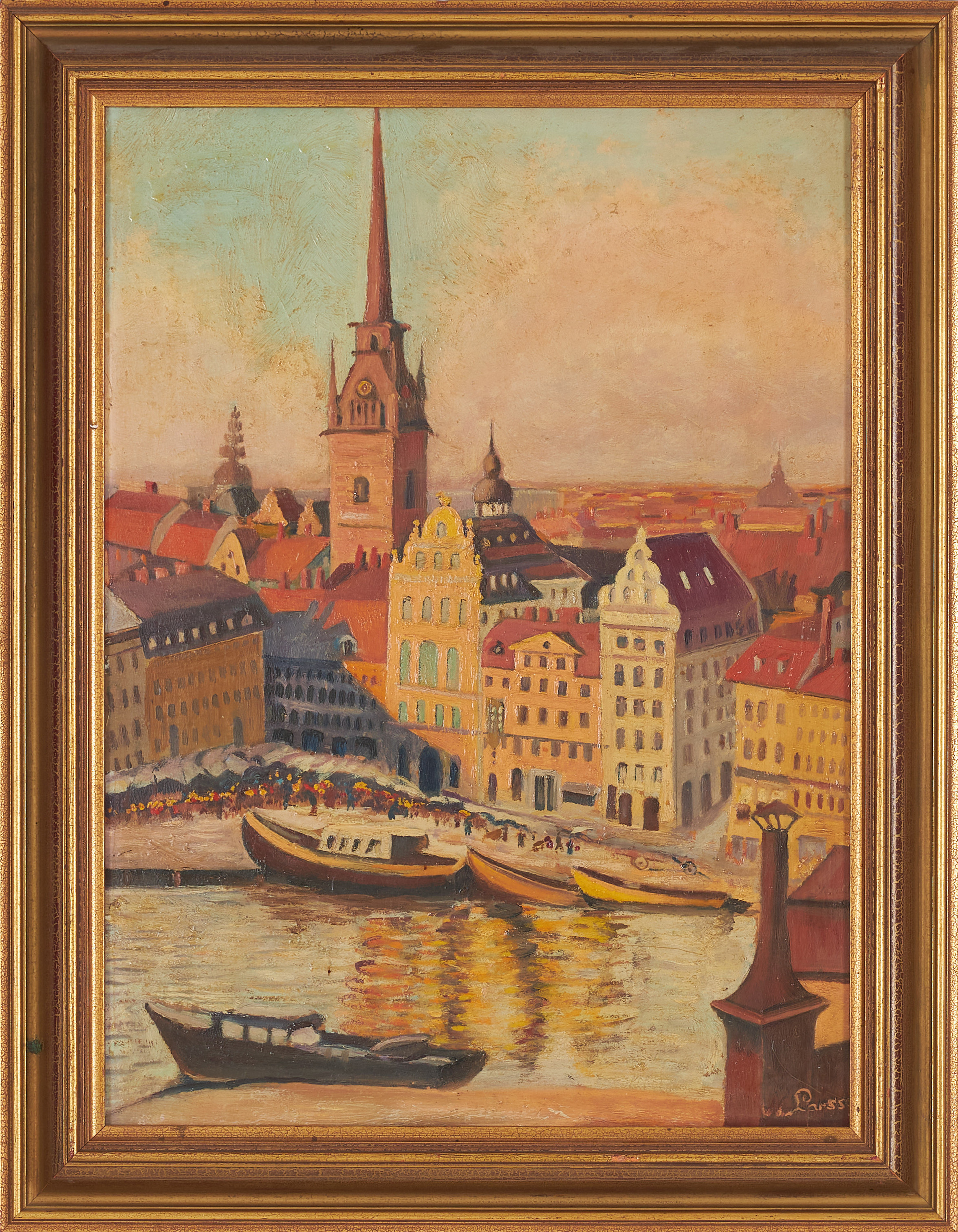 OIDENTIFIERAD KONSTNÄR. Vy mot Gamla Stan, olja på pannå, signerad.